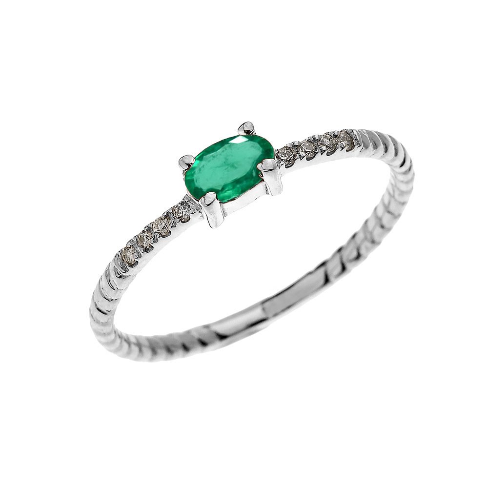 10k White Gold Oval Emerald Solitaire Diamond Engagement Ring - Elegant Rope Design Stackable Band for Wedding, Proposal & Anniversary Gifts
