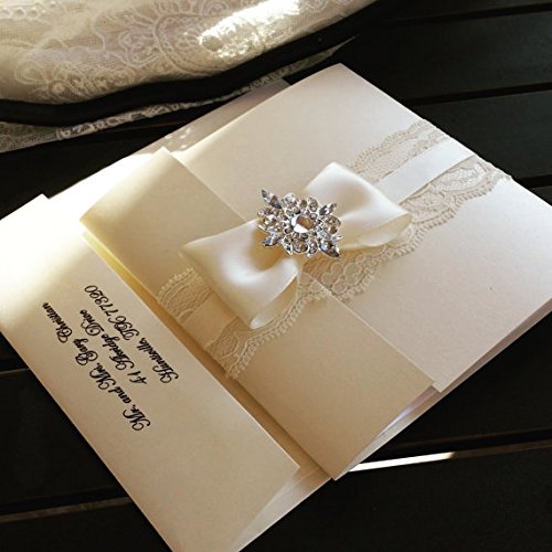 Elegant Lace Wedding Invitations with European Bow - Set of 25 Boho Chic Pocketfold Cards with RSVP Cards | Perfect for Rustic, Vintage & Outdoor Weddings