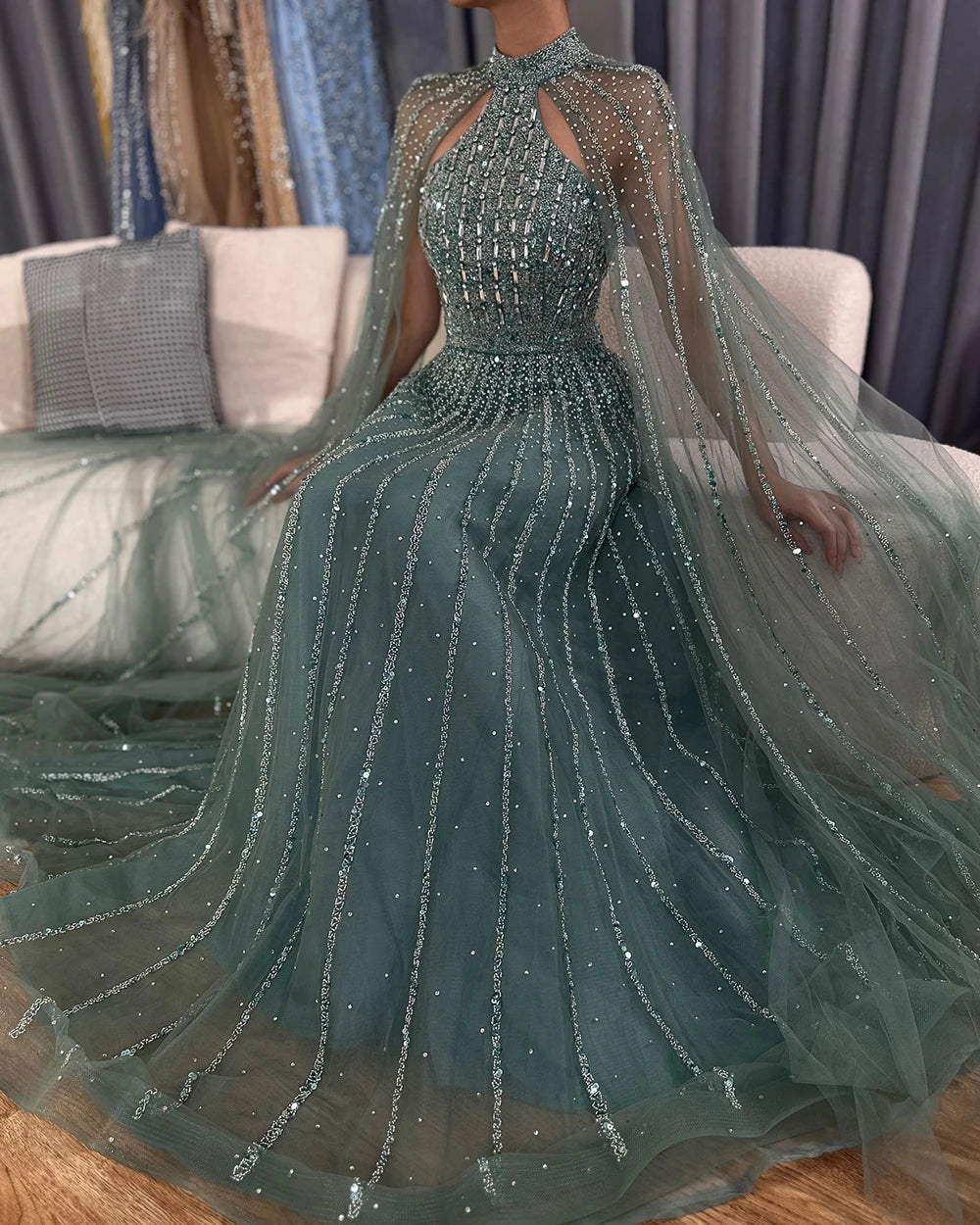 Elegant Arabic Turquoise A-Line Cape Sleeve Beaded Evening Gown for Women - Luxury Dubai Wedding Party Dress LA72306A | Perfect for Formal Events, Galas & Special Occasions