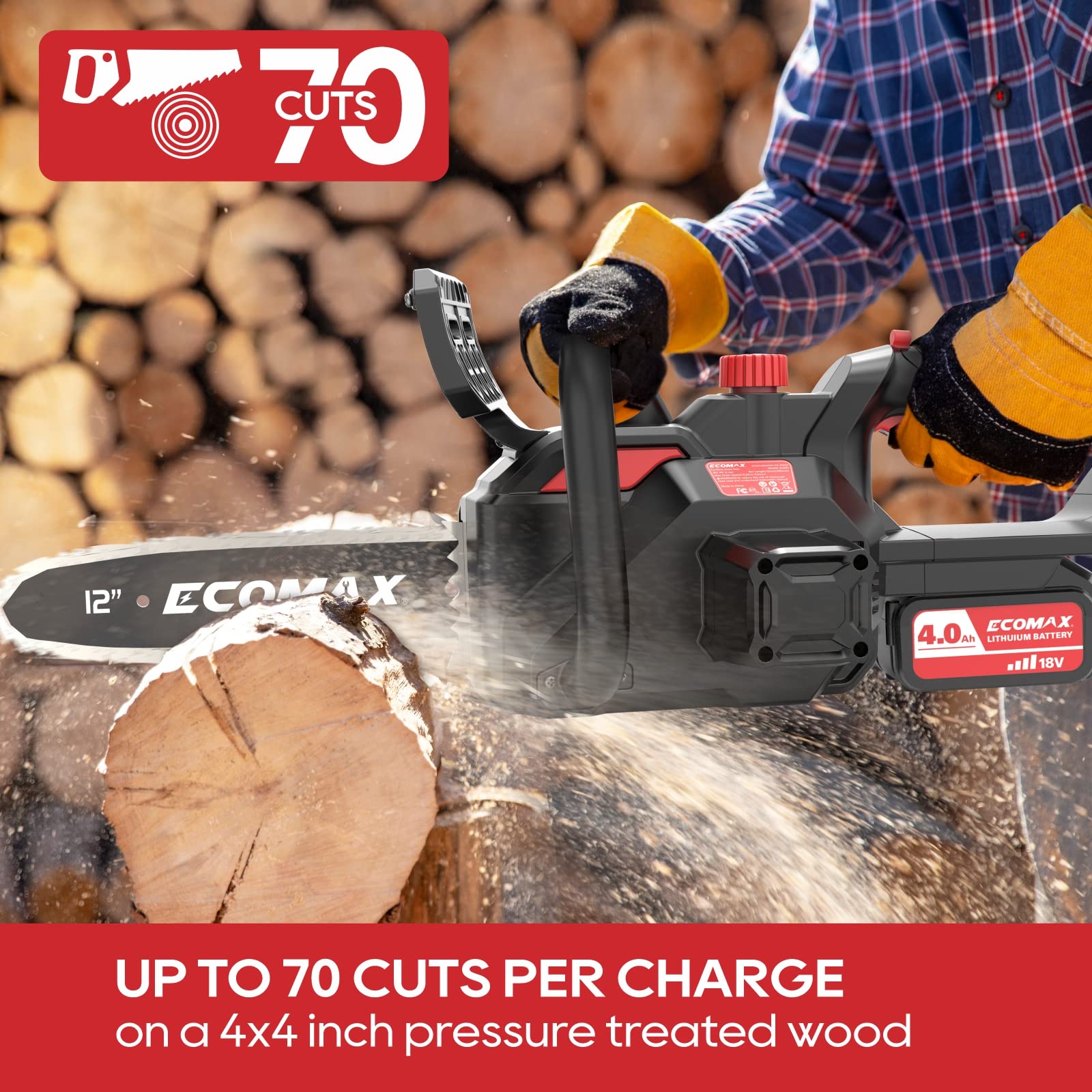 18V Cordless Electric Chainsaw 12-Inch with 4Ah Battery & Fast Charger - Powerful Double Safety Switch for Wood Cutting - Perfect for Farm, Backyard, Garden, Ranch & Tree Trimming (Model ELG05)
