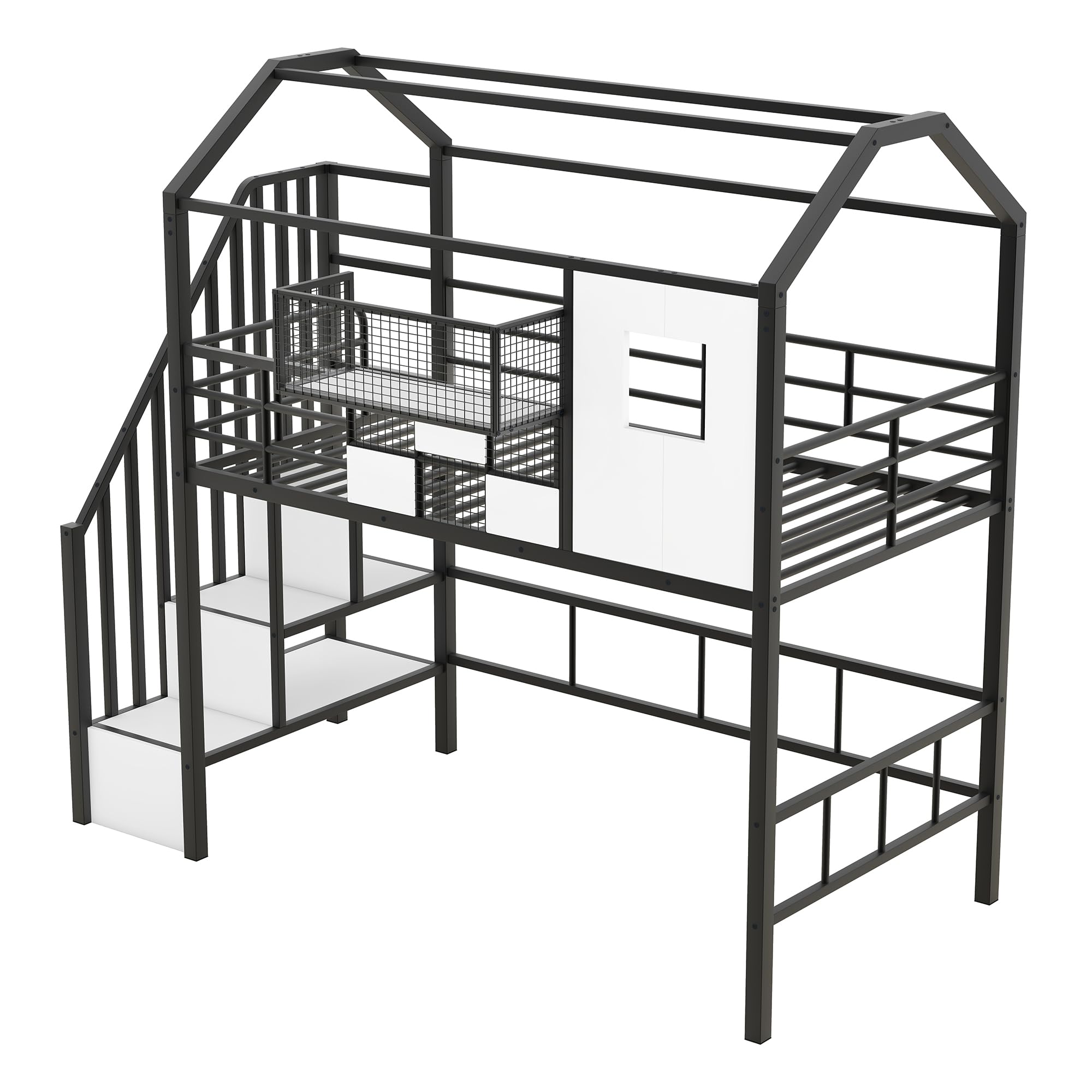 **Twin Size Loft Bed with Storage Stairs, Roof, Window & Guardrail – Metal House Loft Bed for Kids & Teens – Space-Saving Black Twin Loft Bed with Storage Box – Perfect for Small Rooms, Dormitories & Kids' Bedrooms**