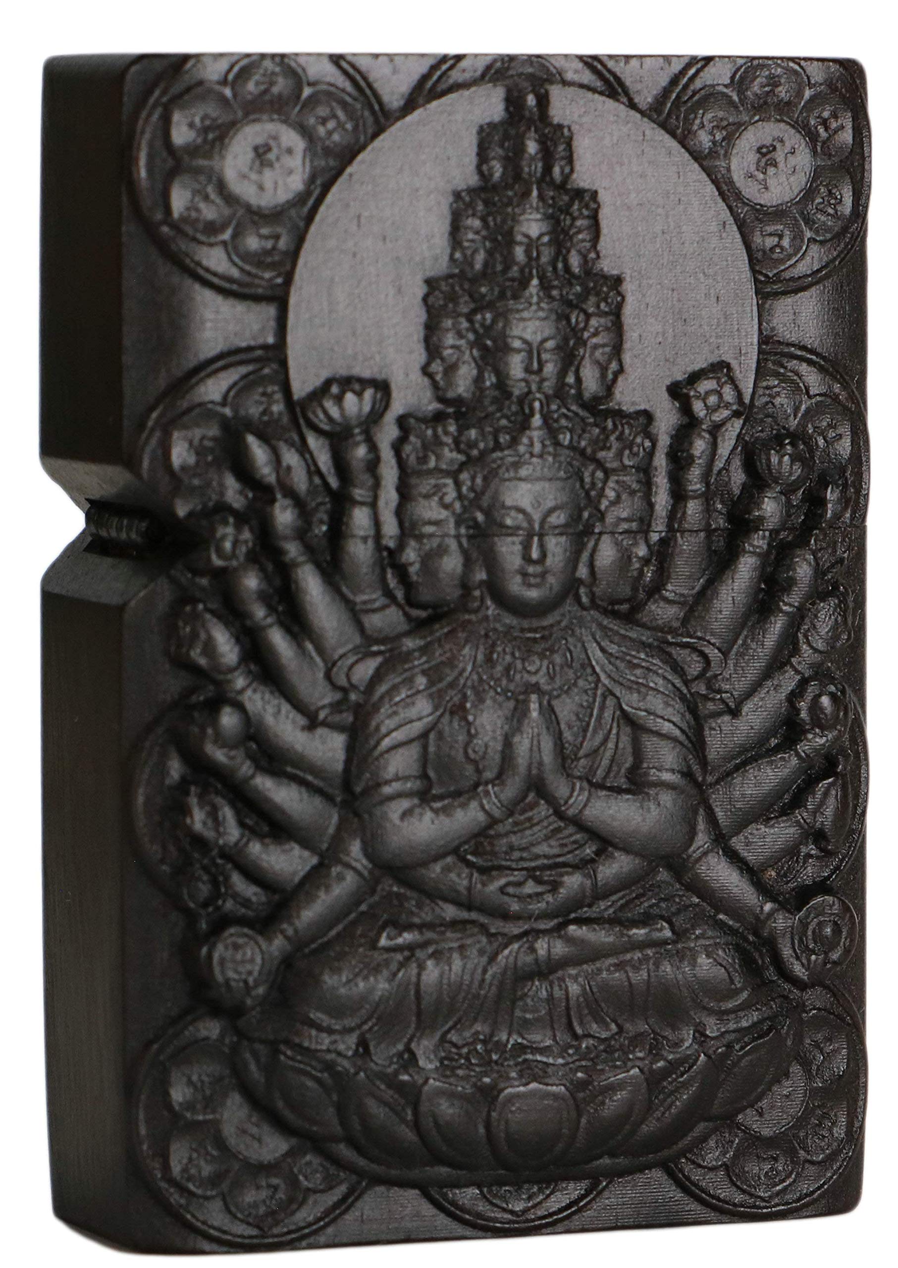 Natural Ebony Black Wood Carved Zippo Lighter Case Insert Kit - 1000 Arms Avalokiteshvara Goddess Design #3 | Perfect for Collectors, Gifts & Everyday Carry