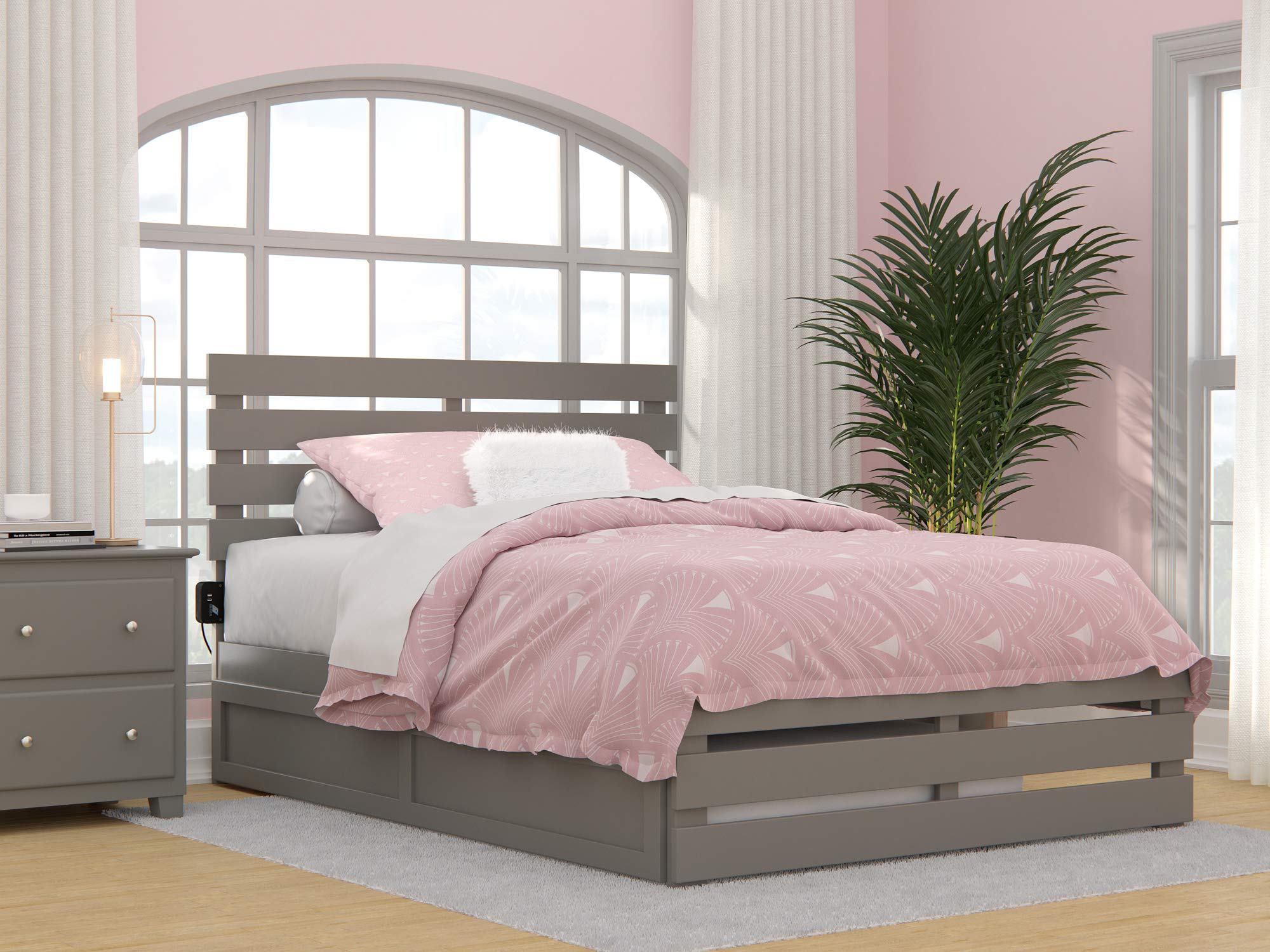 AFI Oxford Full Size Platform Bed with Footboard & Twin Trundle in Grey - Modern Wooden Bed Frame for Small Spaces, Guest Room & Kids Bedroom Furniture