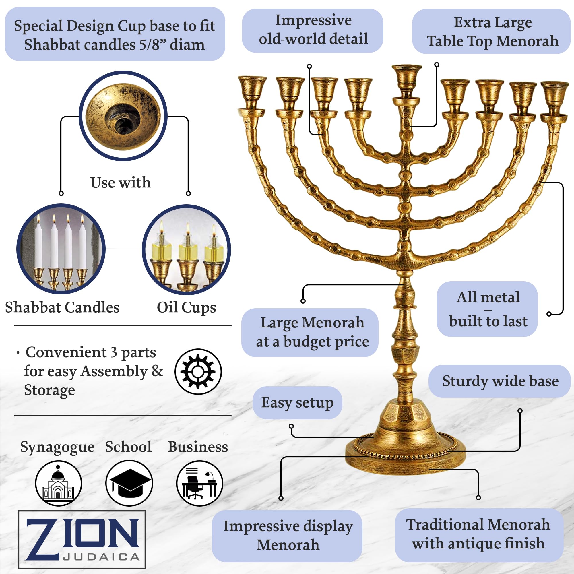 Extra Large Traditional Hanukkah Menorah for Shabbat Candles or Oil Cups - Antique Style 21