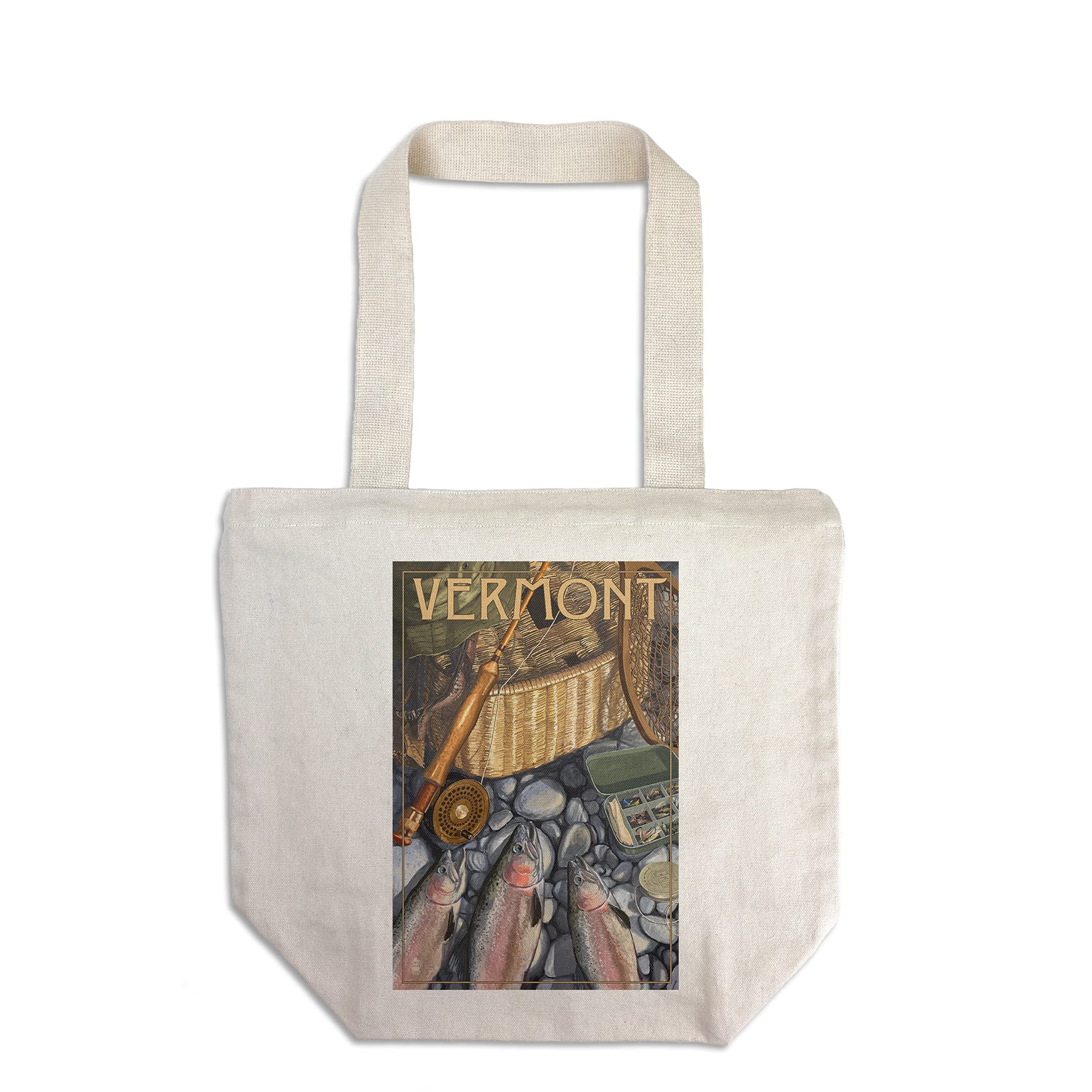 Lantern Press Vermont Fishing Still Life Tote Bag - 100% Cotton Canvas Reusable Shopping Bag - Perfect for Groceries, Beach Trips & Farmers Markets