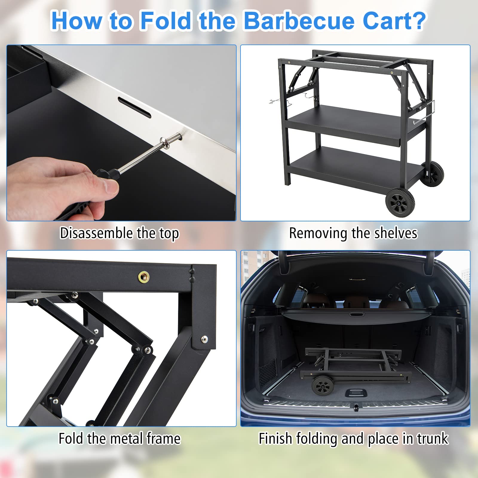 Foldable Outdoor Grill Cart with Stainless Steel Tabletop & Wheels - Portable BBQ Pizza Oven Stand, Movable Food Prep Table for Backyard, Patio, Camping & Tailgating | Perfect for Outdoor Cooking, Dining & Entertaining