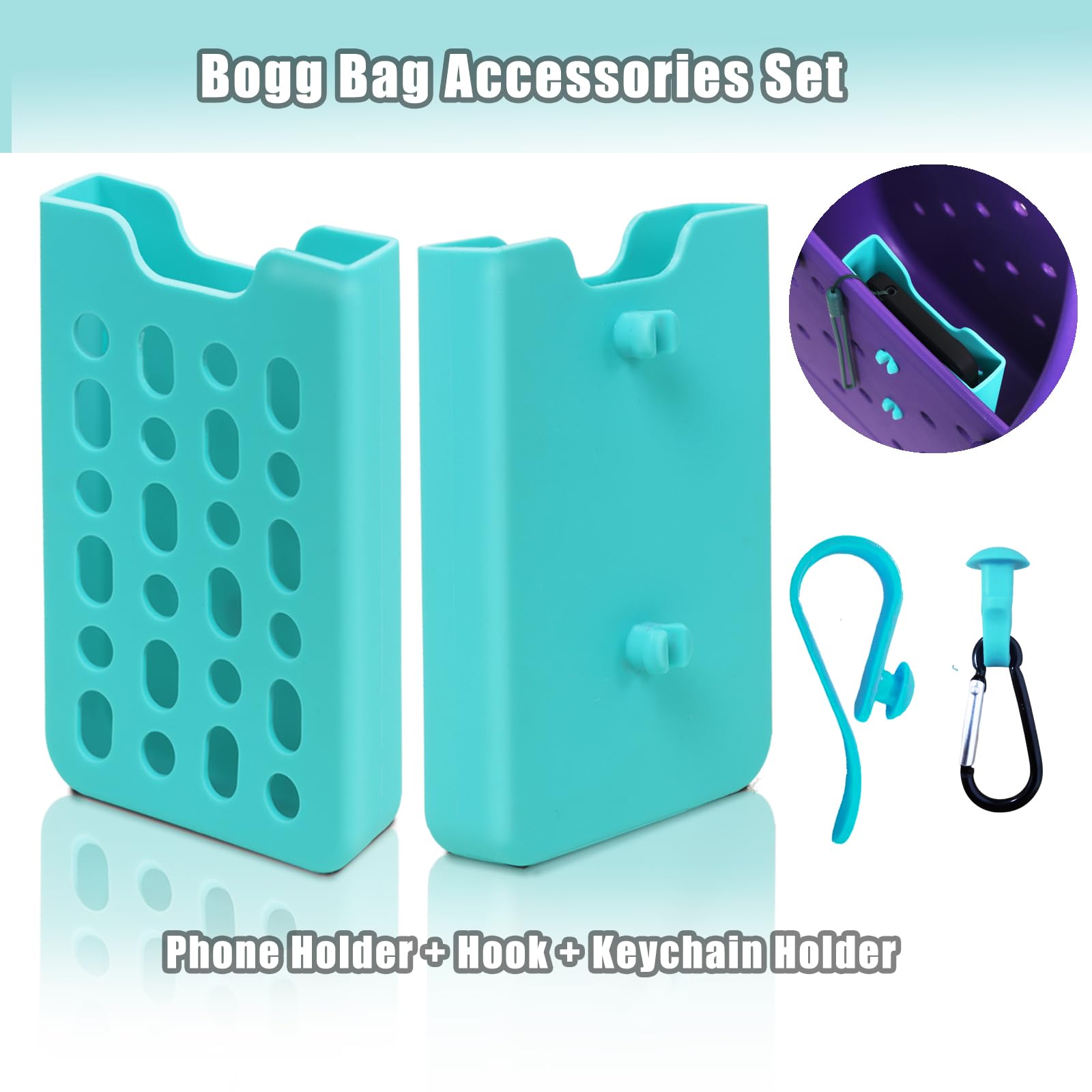 Bogg Bag Accessories Set - Silicone Phone Holder, Keychain Holder & Hook for Bogg Bags (Blue) | Perfect for Beach, Pool & Outdoor Activities
