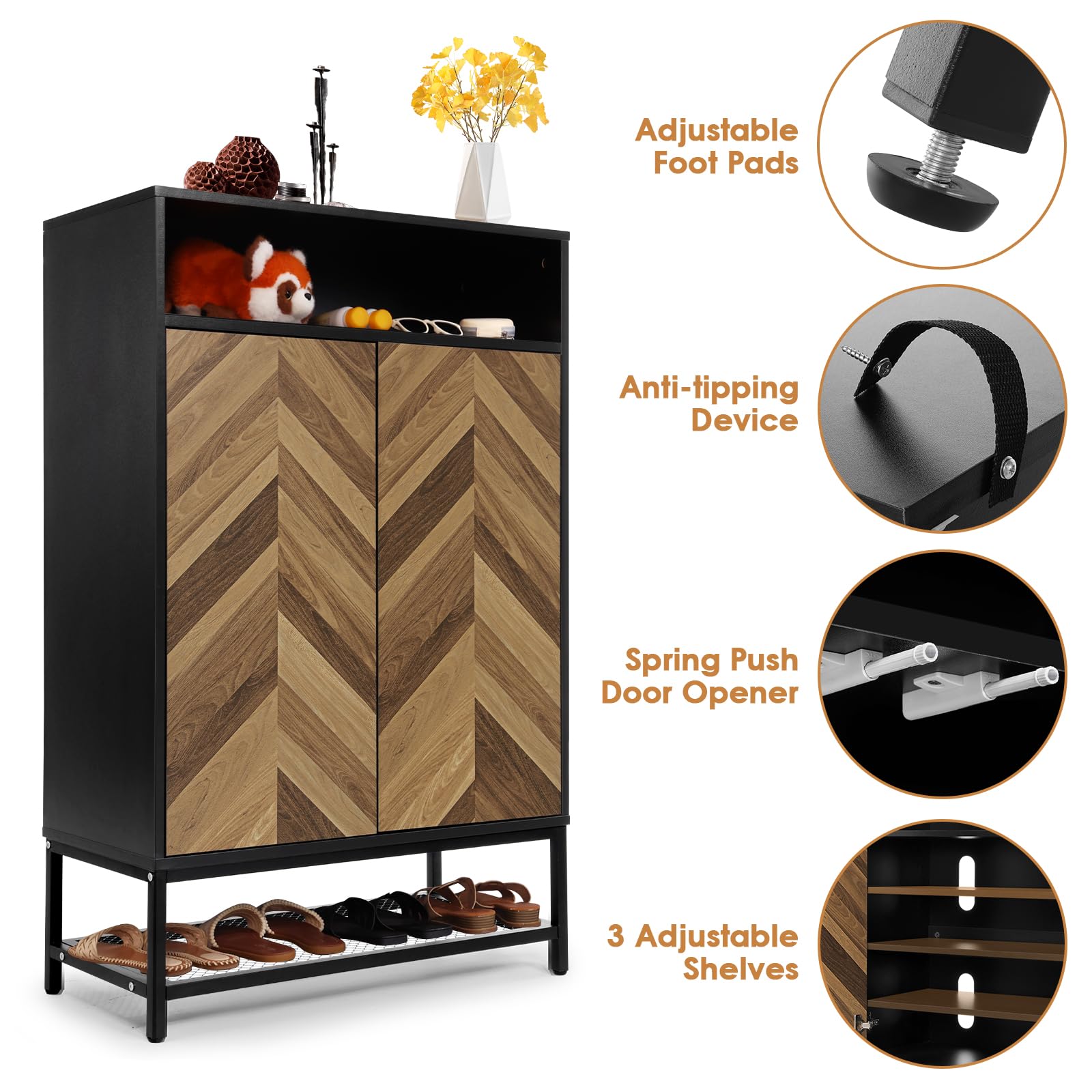 Homdox 7-Tier Shoe Storage Cabinet - Holds 24 Pairs with Doors & 3 Adjustable Shelves, Wooden Shoe Organizer for Entryway, Hallway, Living Room - Perfect for Small Spaces & Home Organization (Black)