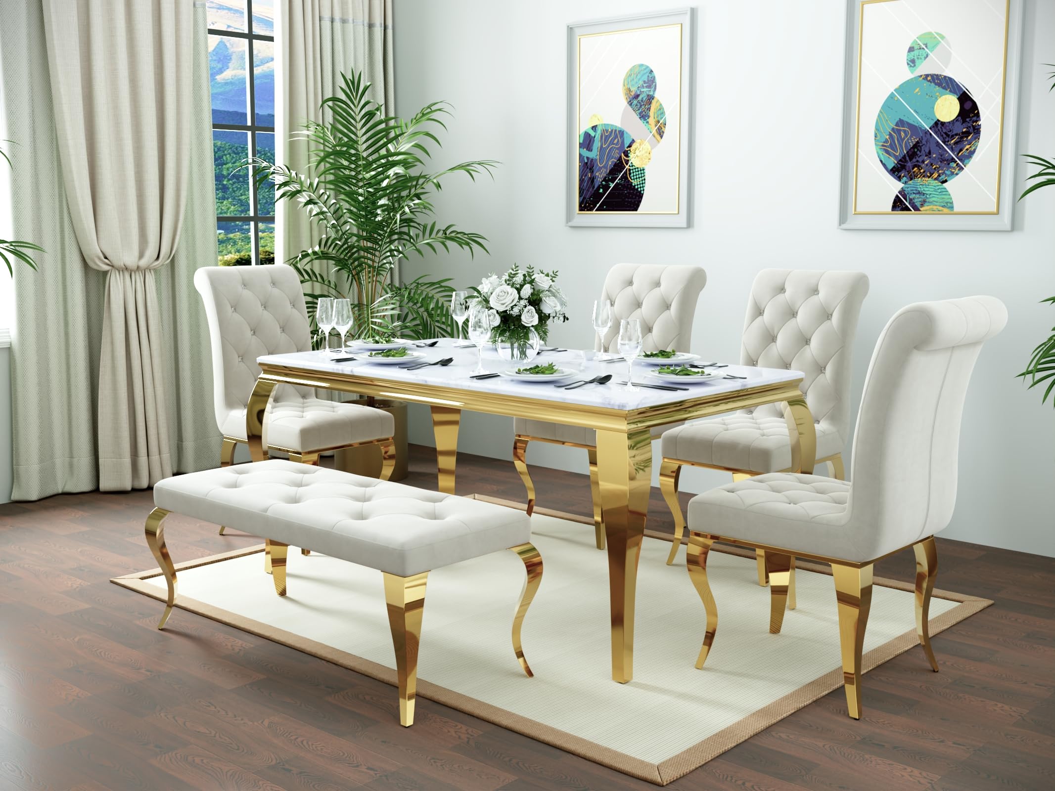 AUZ Beige Velvet Bench with Button Tufted Upholstery and Gold Cabriole Legs, White and Gold Upholstered Dining Table Bench for Kitchen, Bedroom, Entryway, and Living Room Decor