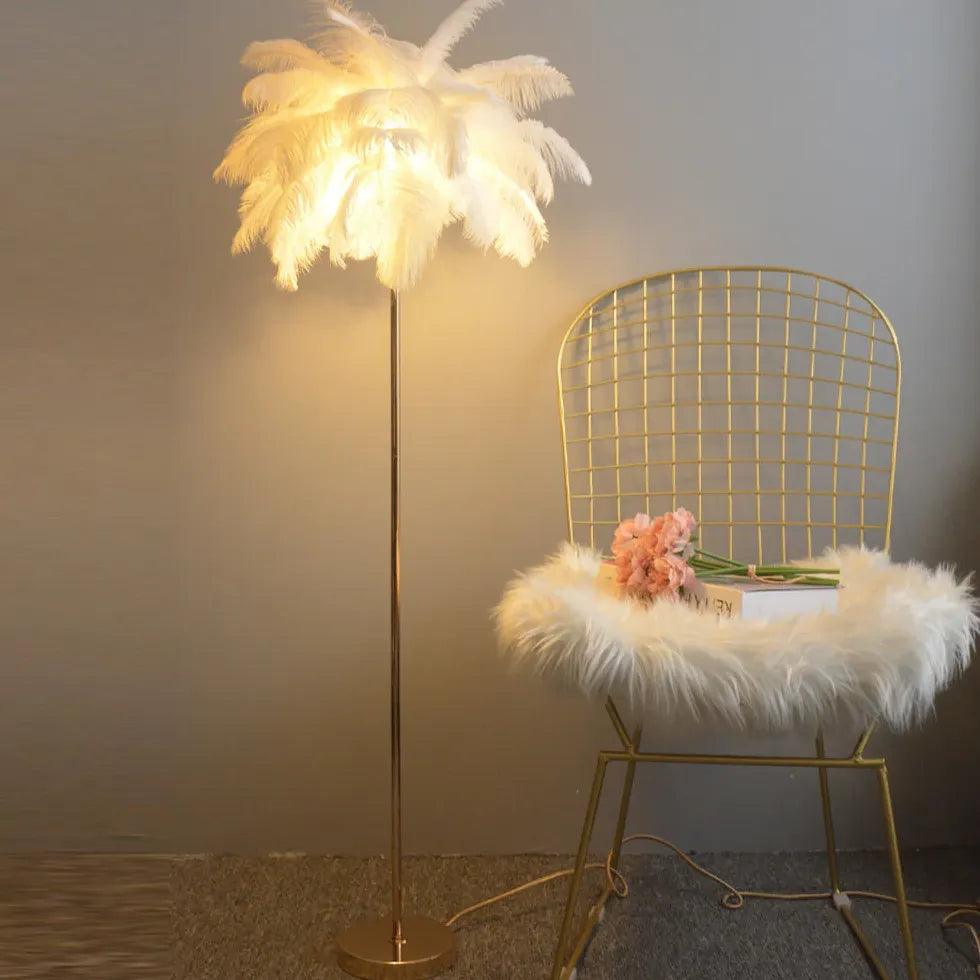 Elegant Warm White Feather Gold Floor Lamp - Modern Standing Light for Living Room, Bedroom & Office Decor