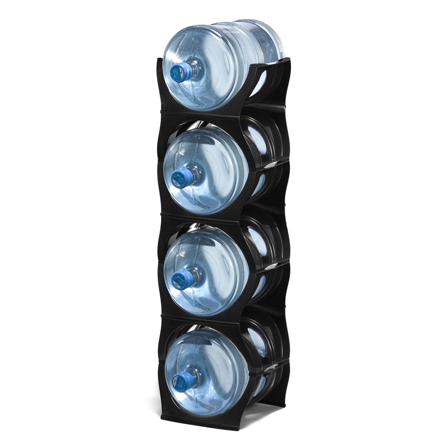 Stackable 5 Gallon Water Bottle Storage Rack - Heavy Duty Jug Holder Organizer for Kitchen, Cabinet & Office - Reinforced Polypropylene Shelf (Black, 4-Tier) - Perfect for Pantry Organization & Small Space Storage Solutions