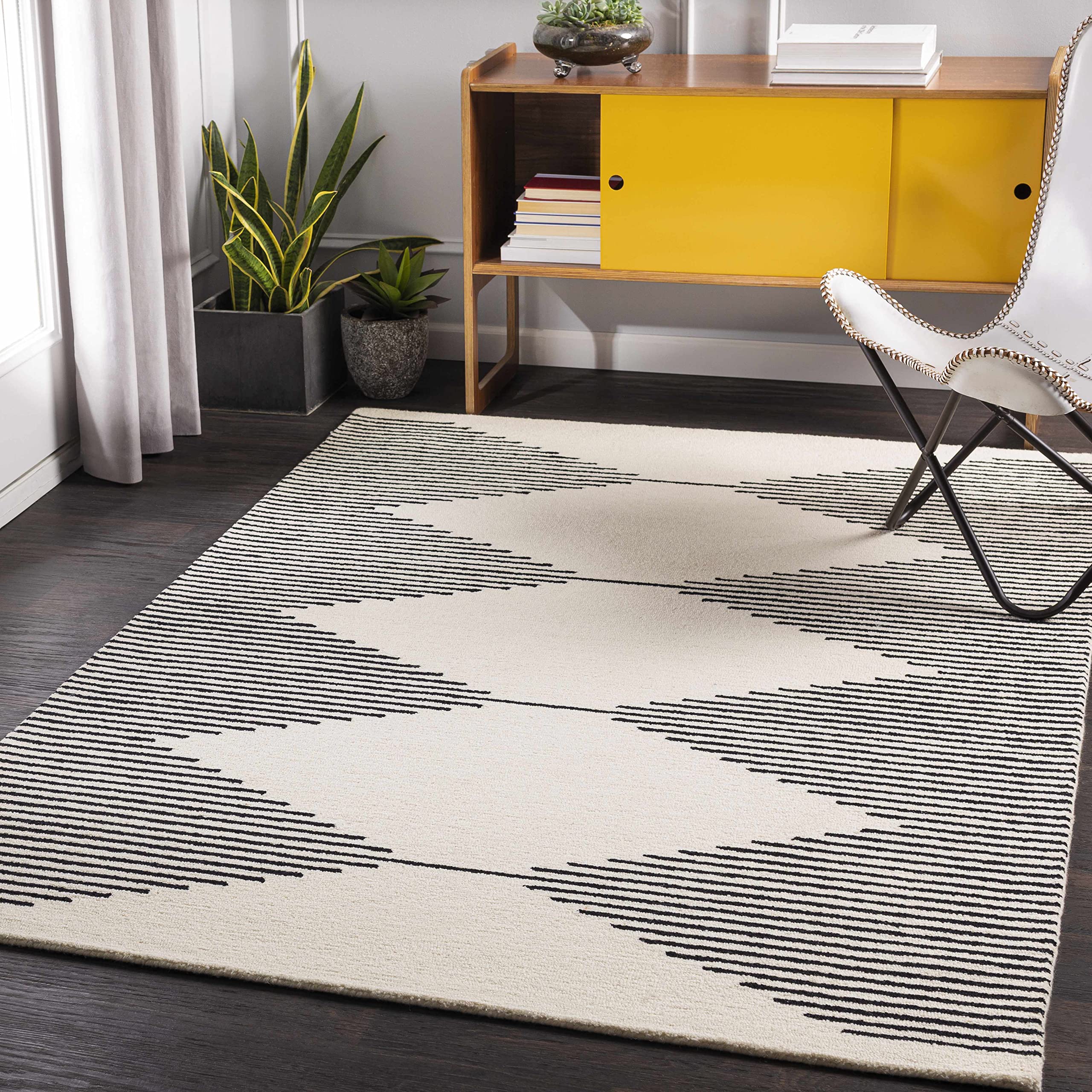 Hauteloom Walkerston Wool Area Rug 6' x 9' - Soft Contemporary Black & Beige Living Room Rug - Non-Slip Bedroom Carpet for Home Decor & Cozy Spaces