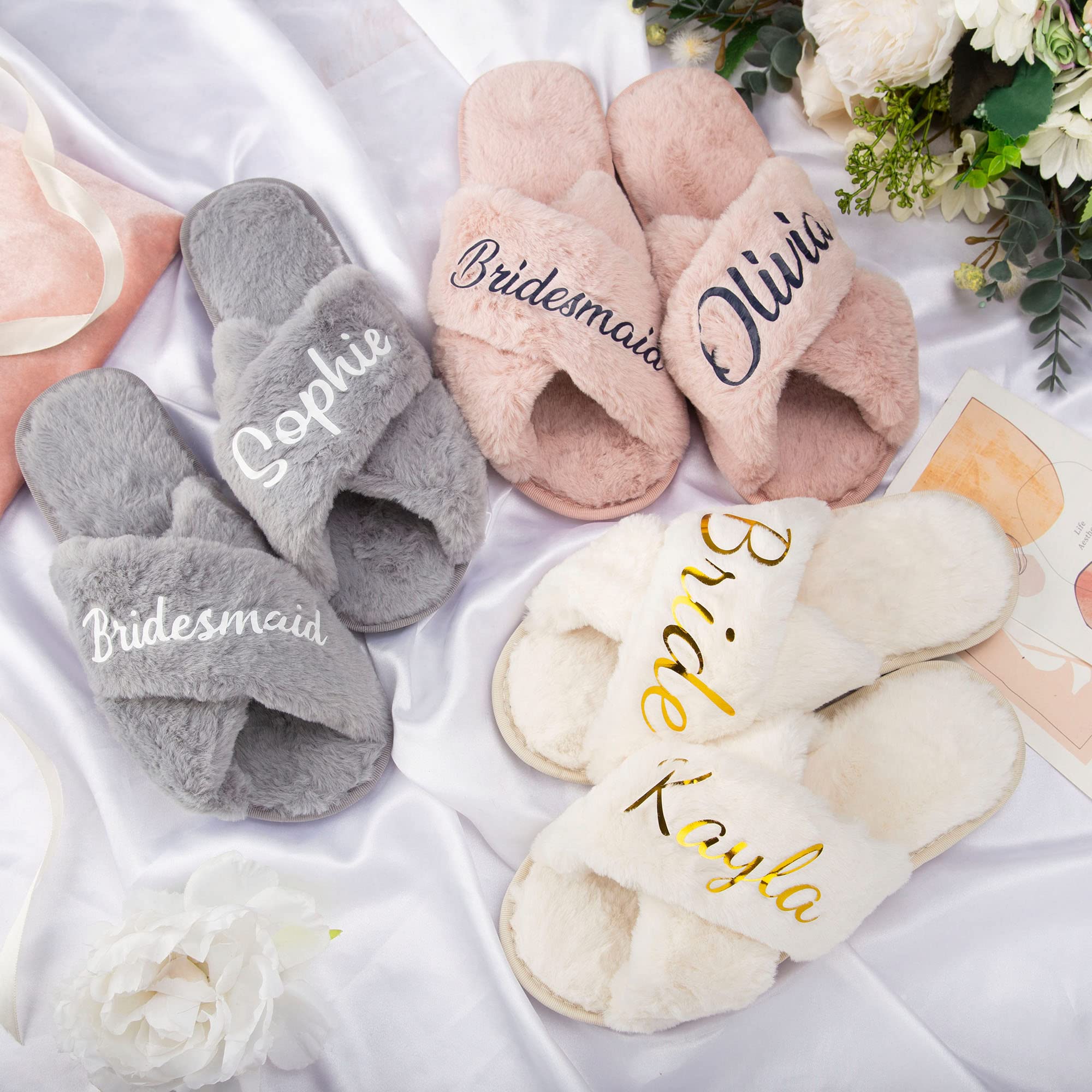 Personalized Bridal Slippers for Women - Soft Fuzzy Cross Band House Slides with Plush Fleece Lining - Custom Wedding, Bridesmaid & Birthday Gifts for Her - Perfect for Bridal Showers, Honeymoon & Cozy Home Relaxation