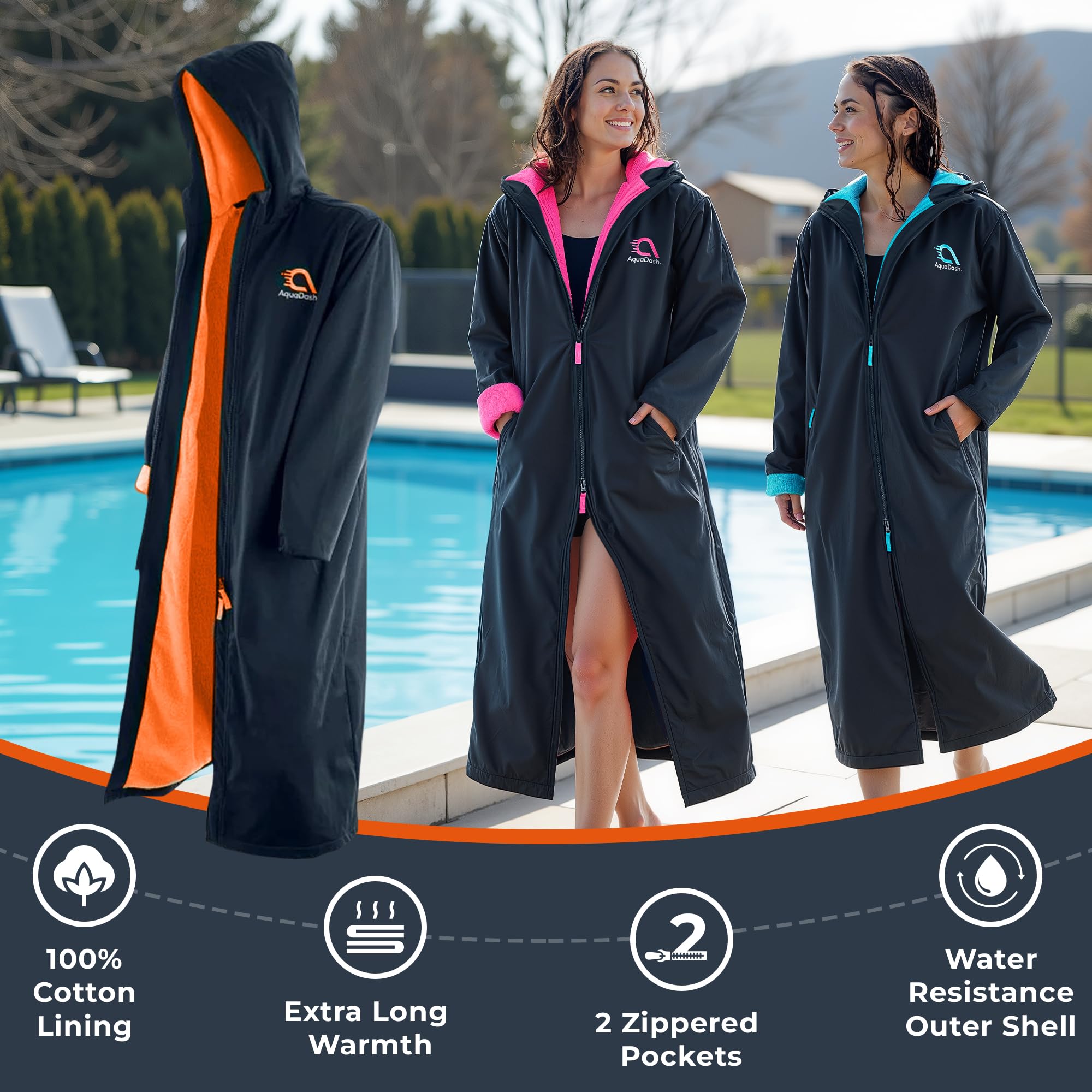 AquaDash Kids Extra Long Swim Parka - Natural Cotton Waterproof Swim Coat for Boys & Girls - Formerly Great Aussie Swim Parkas - Perfect for Swimming Lessons, Beach Trips & Poolside Lounging
