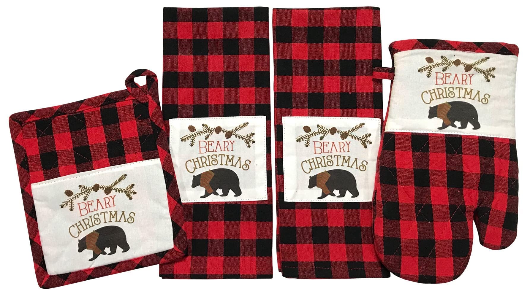 Winter Bear Christmas Kitchen Towel and Pot Holder Set - Red Black Check Plaid with Beary Christmas Patch | Holiday Kitchen Decor & Gift for Home Cooks