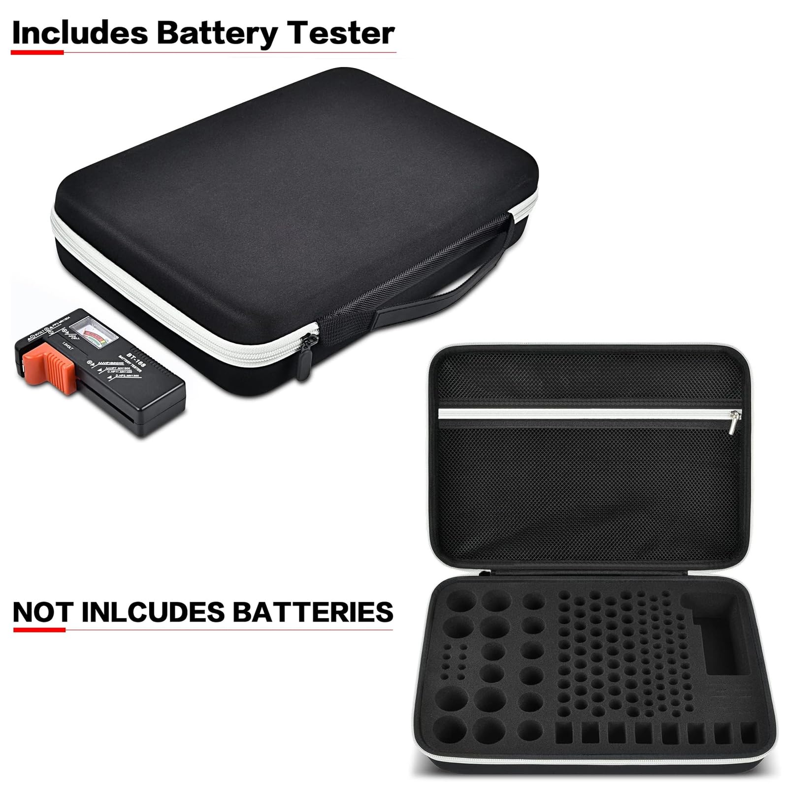 Premium Battery Organizer Storage Case with Tester BT-168 - Holds 140+ AA, AAA, C, D, 9V & 3V Lithium Button Batteries - Portable Battery Caddy Container for Home, Office & Travel (Black) (Batteries Not Included)