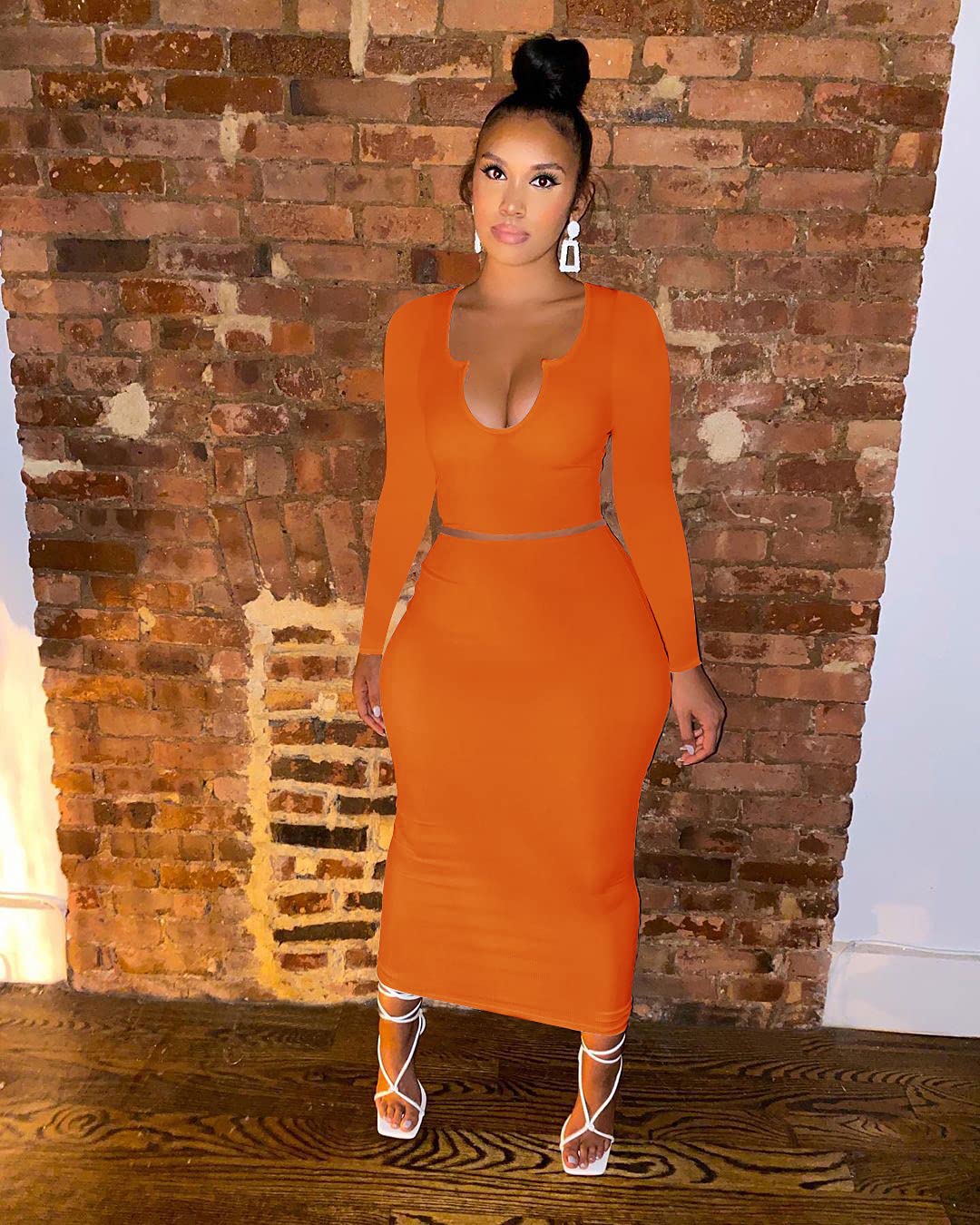 Sexy Women's Two Piece Skirt Outfit - Long Sleeve/Sleeveless V Neck Bodycon Ribbed Knit Maxi Dress for Club, Party & Night Out