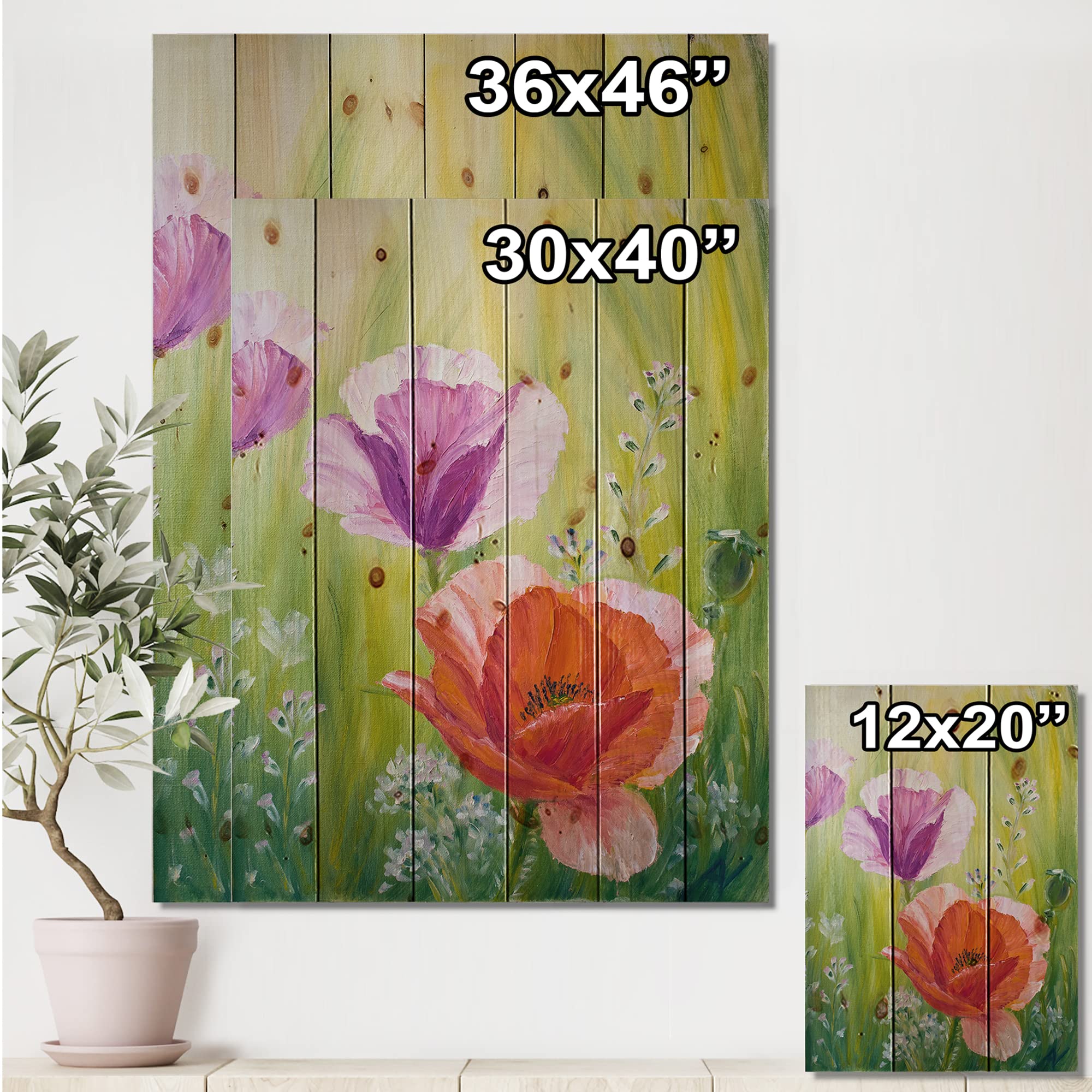 Poppies In The Morning Traditional Wood Wall Decor - Purple Floral Wood Wall Art, Large Pine Wood Wall Panels for Living Room, Bedroom & Office Decor | Handmade Natural Wood Home Décor