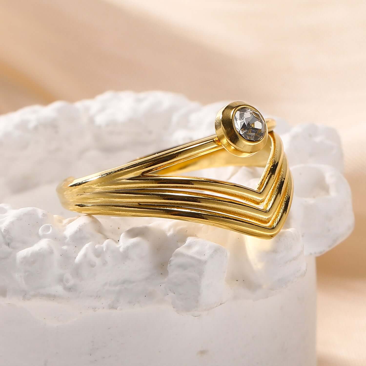 18K Gold Bezel Chevron Ring Stackable - Elegant Dainty Stacking Ring for Women | Perfect for Layering, Everyday Wear & Special Occasions | JDR006