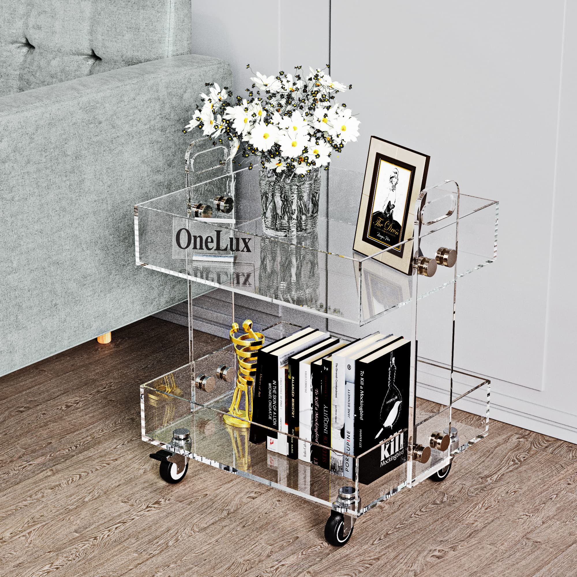 ONELUX Flat Packed Clear Acrylic Side Table with Wheels - Modern Bedside Night Stand (41×34×48cm) for Living Room, Bedroom & Office Use