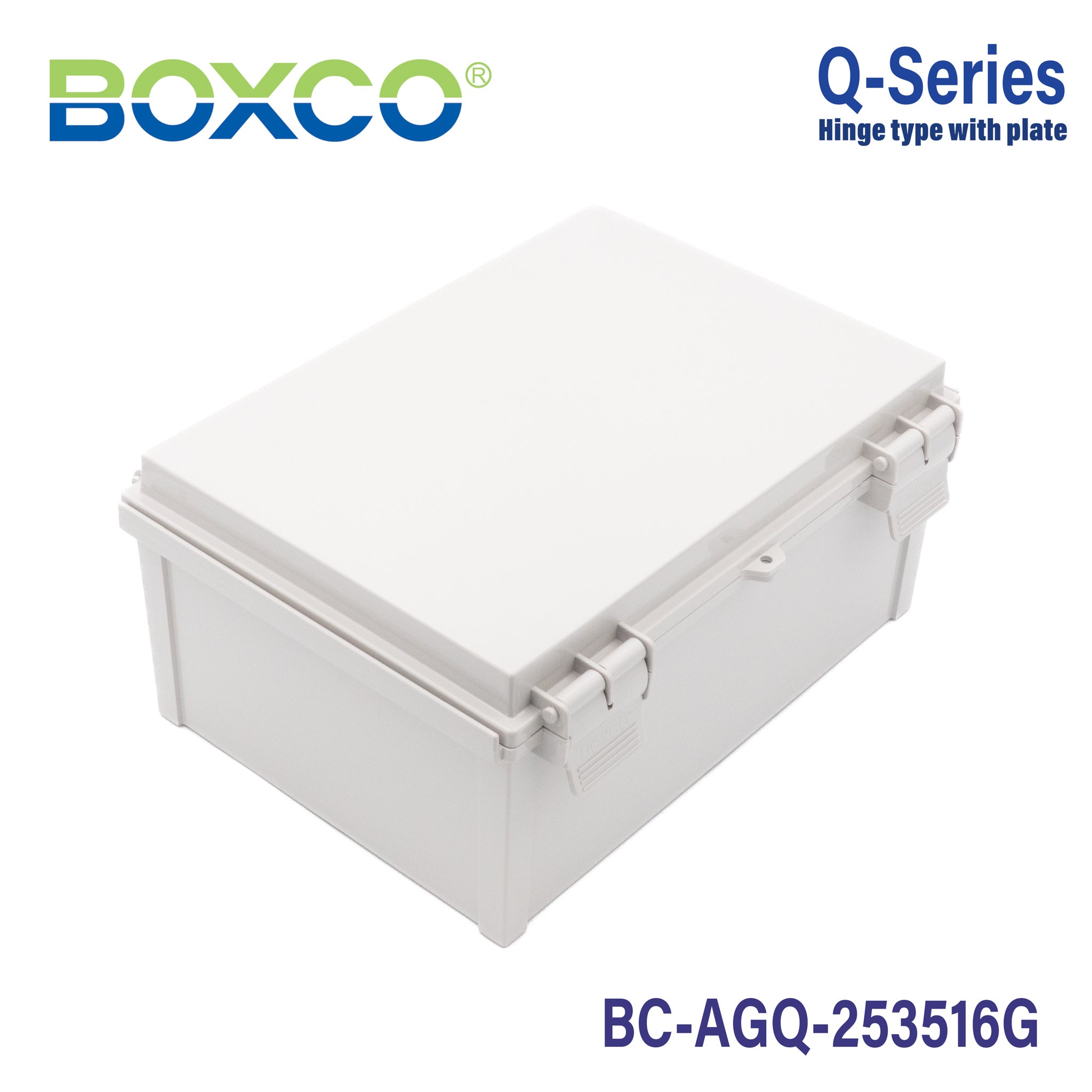 Boxco Q Series 9.84 x 9.84 x 6.30 Inches (250 x 250 x 160mm) Waterproof Plastic Enclosure - IP67 Rated, IK08 Impact Resistant, ABS Material with Grey Hinged Cover & Mounting Plate - Ideal for Outdoor Electronics, Industrial Equipment & Electrical Component Protection