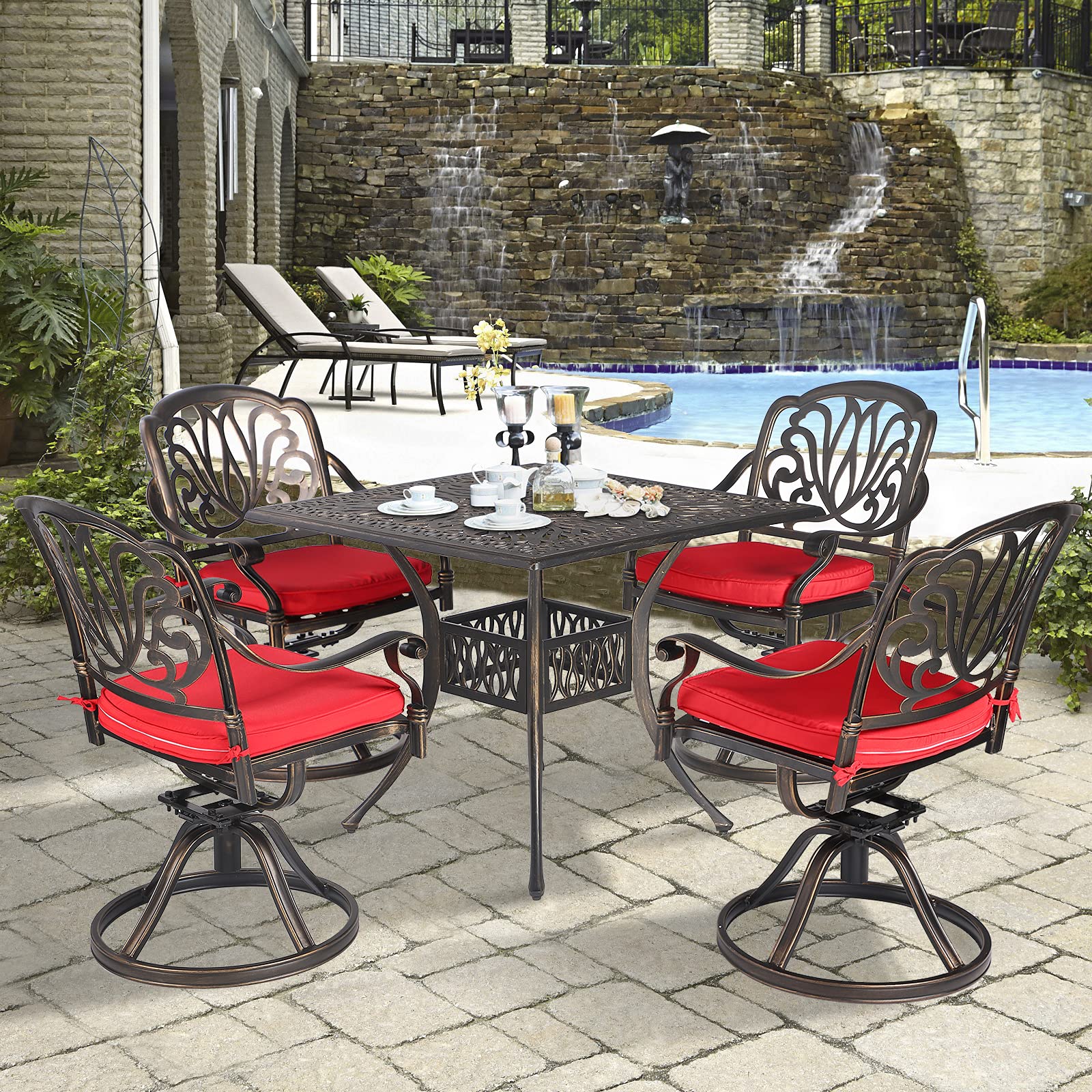 TITIMO 2-Piece Outdoor Patio Dining Chair Set - Cast Aluminum Bistro Swivel Rocker Chairs with Cushions for Garden, Deck, Poolside - Antique Bronze & Khaki (Red) - Perfect for Backyard, Balcony, and Outdoor Entertaining