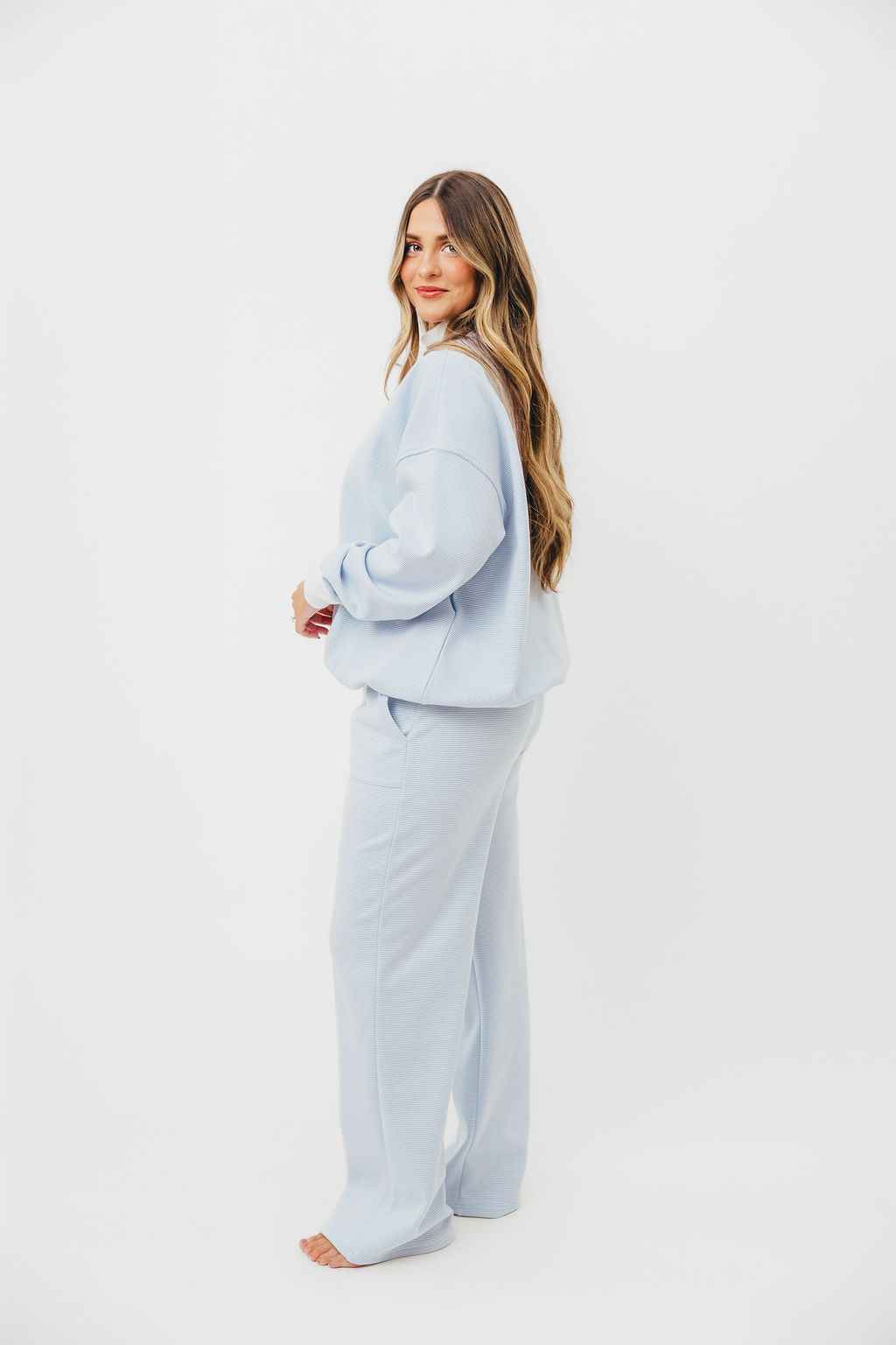 Cynthia Mini Striped Mock Neck Sweatshirt - Blue and White Pullover for Women | Casual Fall & Winter Fashion | Perfect for Layering, Coffee Dates & Weekend Outings