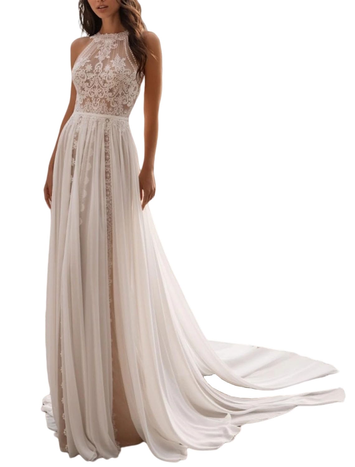 Lyhias Elegant A-Line Wedding Dress with Halter Neck & Sweep Train | Sleeveless Bridal Gown with Appliques for 2024 Brides | Perfect for Church Ceremonies, Beach Weddings & Reception Parties