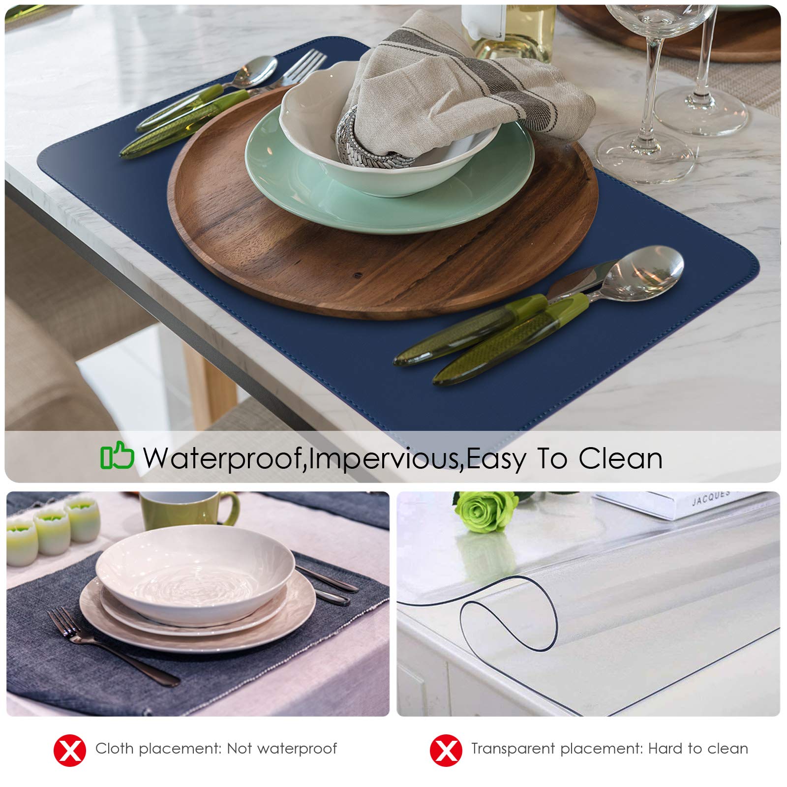 Premium Waterproof Faux Leather Placemats Set of 6 - Heat Resistant & Wipeable Table Mats for Kitchen Dining Decor - Navy Blue Vinyl Place Mats for Indoor Outdoor Use - Perfect for Dinner Parties, BBQs, and Daily Meals