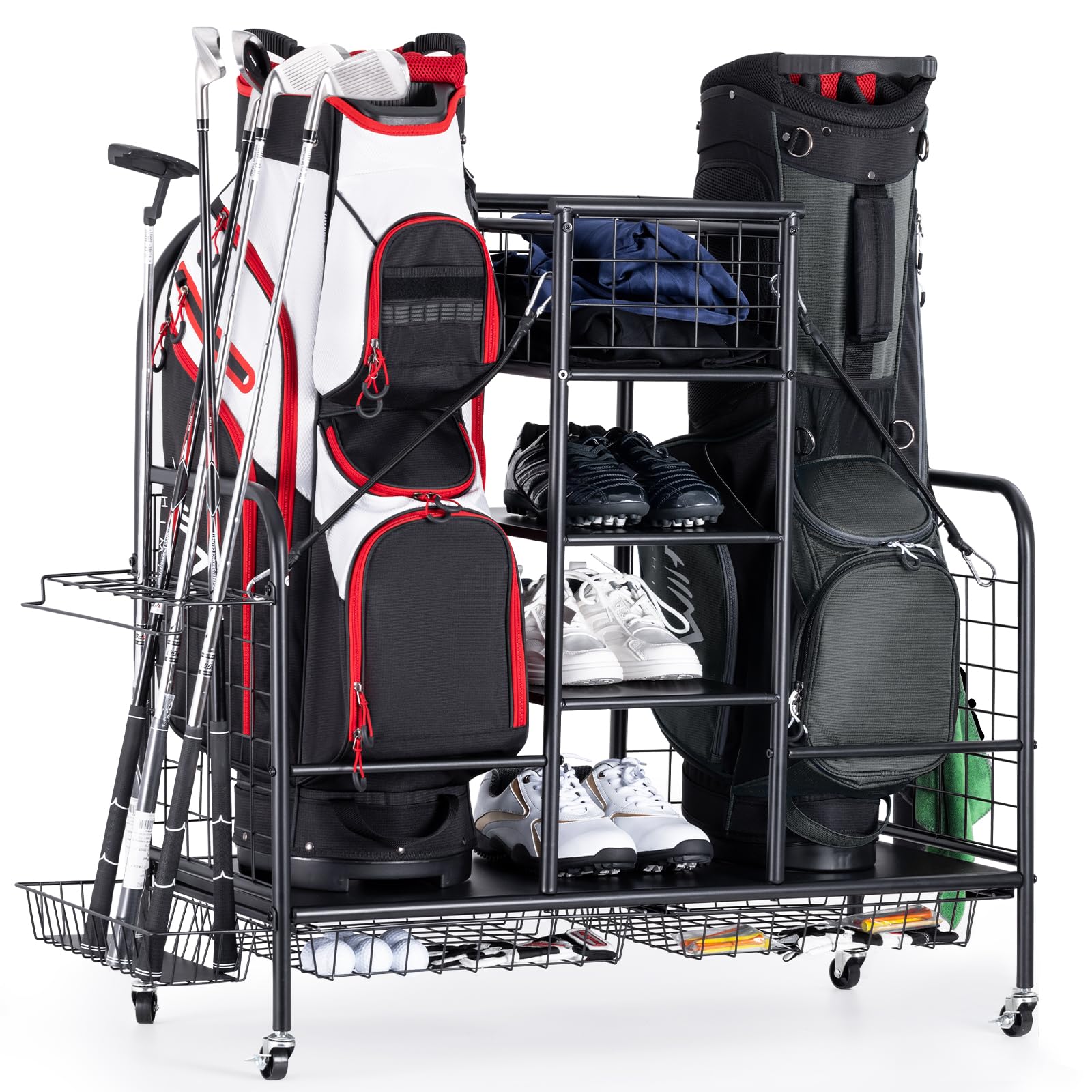Premium Golf Bag Organizer Stand - Heavy Duty Storage Rack for 2 Golf Bags, Clubs, Balls & Accessories | Extra Large Golf Equipment Organizer for Garage, Basement & Clubhouse | Perfect for Golf Enthusiasts & Professional Players