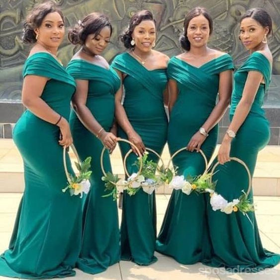 **Elegant Green Mermaid Off-Shoulder Long Bridesmaid Dress for Weddings & Formal Events - WG1355**