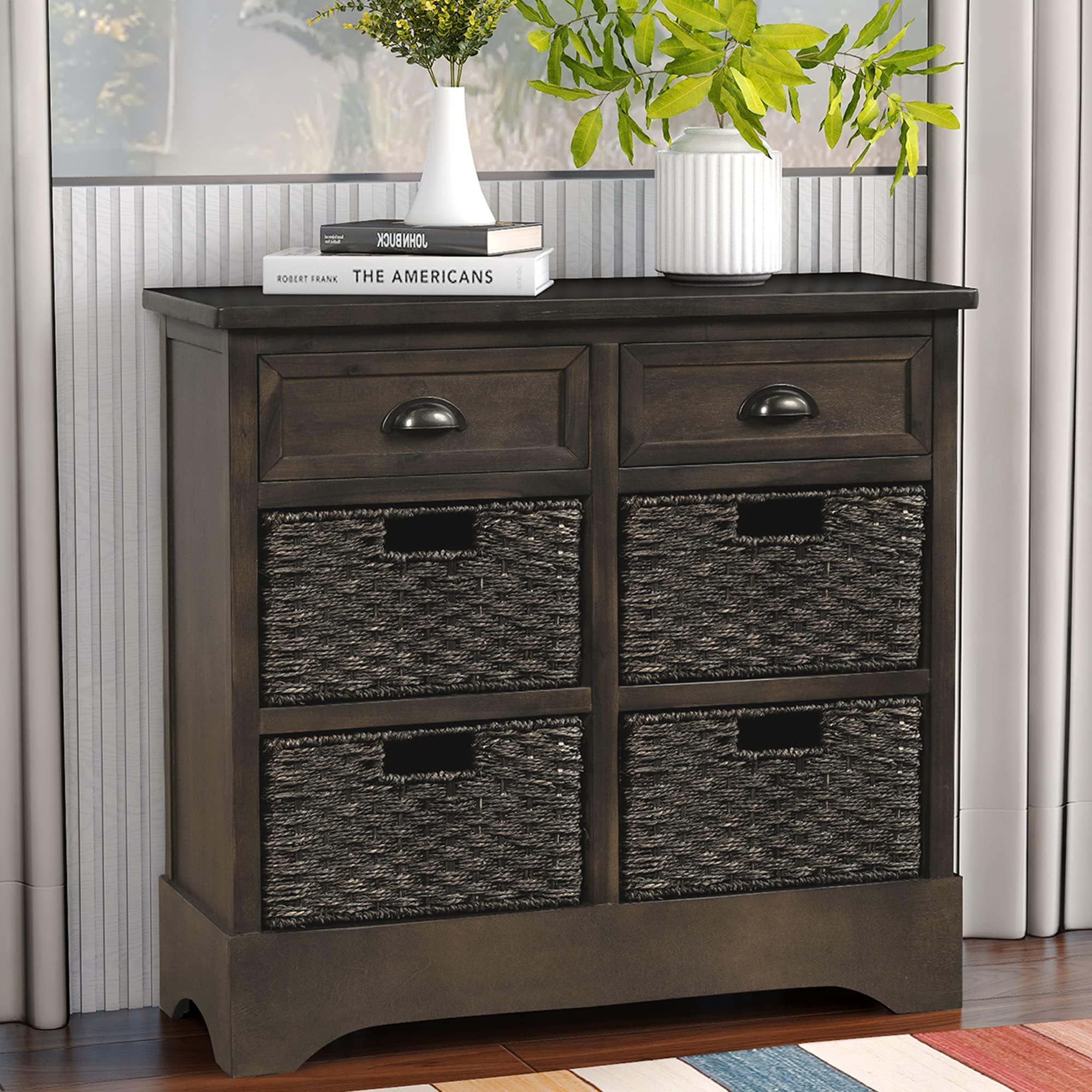 Rustic Light Gray Storage Cabinet with 2 Wood Drawers & 4 Wicker Baskets - P PURLOVE Entryway Organizer for Living Room, Kitchen, Bedroom | Farmhouse Home Decor & Closet Storage Solution
