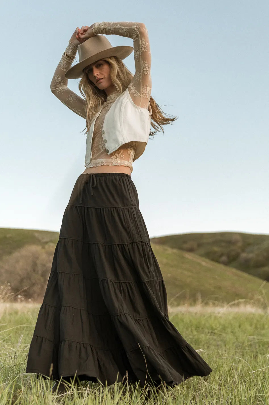 Kenzington Black Tiered Skirt for Women - Flowy Layered Midi Skirt with Elastic Waist - Perfect for Casual Outfits, Office Wear & Summer Dresses