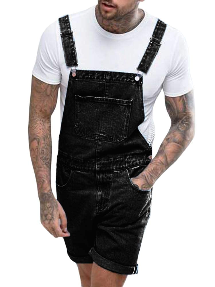 Runcati Men's Denim Shorts Bib Overalls - Loose Fit Jean Romper with Button Pockets | Casual Summer Jumpsuit for Outdoor Activities, Music Festivals & Streetwear Fashion