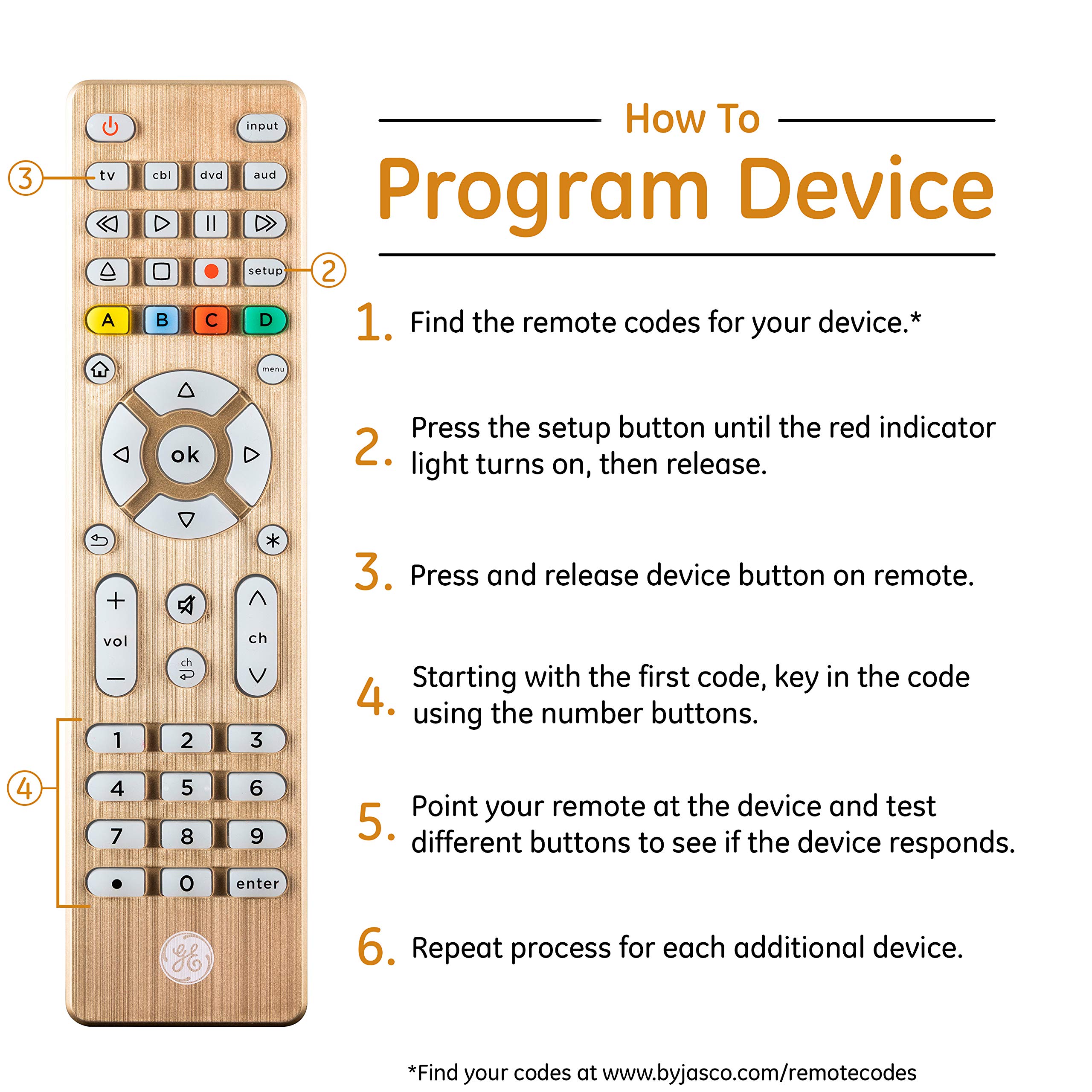 GE Universal Remote Control for Samsung, LG, Sony, Vizio, Roku TV & More - Compatible with Smart TVs, Streaming Players, Blu-ray & DVD (4-Device, Gold) - Perfect for Home Entertainment & Media Room Setup