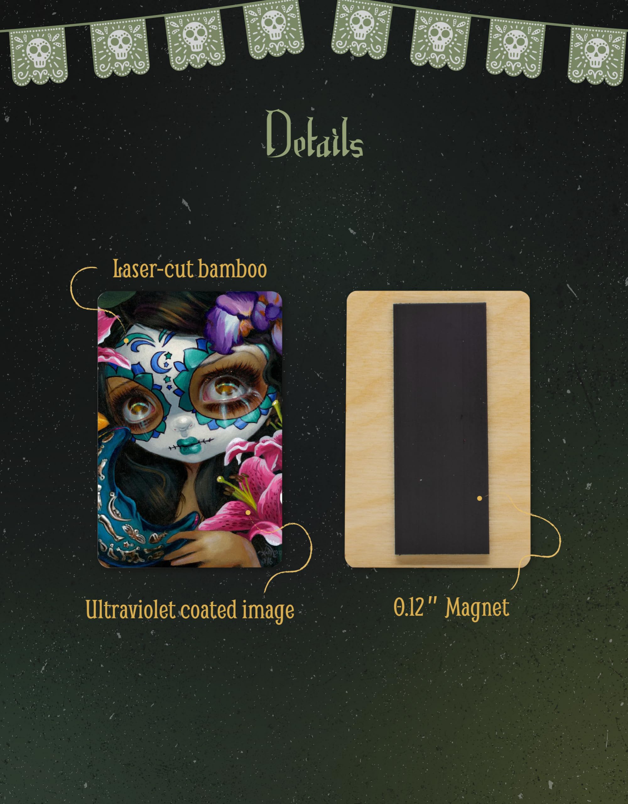 Arcane Vault - Jasmine Becket-Griffith Dia de Los Muertos Wooden Magnets Set | Laser-Cut Day of The Dead Decor | UV-Coated 2”x3” Fridge Magnets (1365-LM) - Perfect for Home, Office & Gift Giving