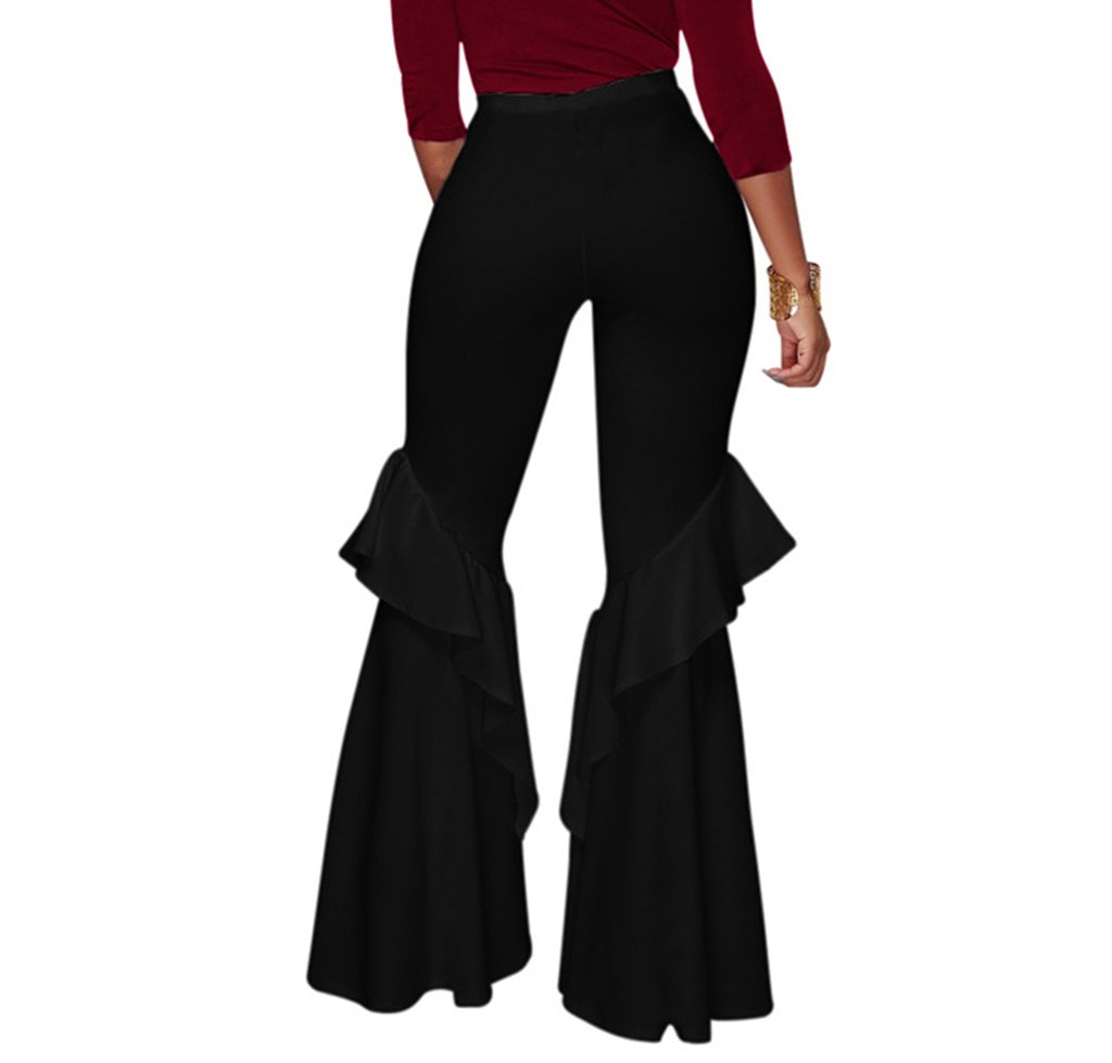 GUOLEZEEV Women's High Waisted Flare Pants - Ruffle Detail Wide Leg Trousers in Solid Colors for Casual Wear & Office Outfits