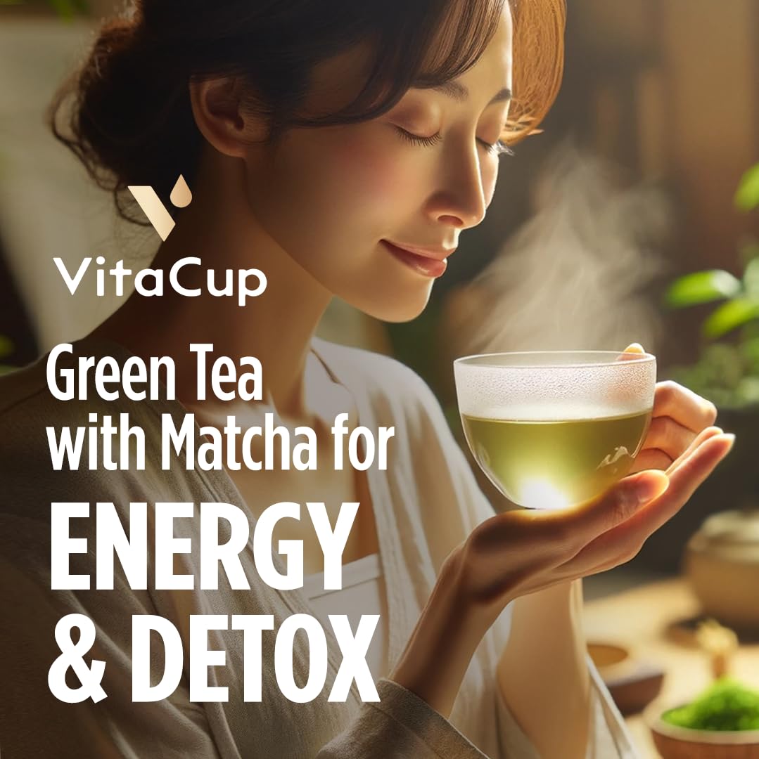 VitaCup Green Tea Pods with Matcha, Moringa & B Vitamins - Energy Boost & Detox Support - Keto, Paleo & Vegan Friendly - Recyclable Single Serve Pods (64 Count) - Compatible with Keurig K-Cup Brewers - Perfect for Home, Office & On-the-Go Wellness