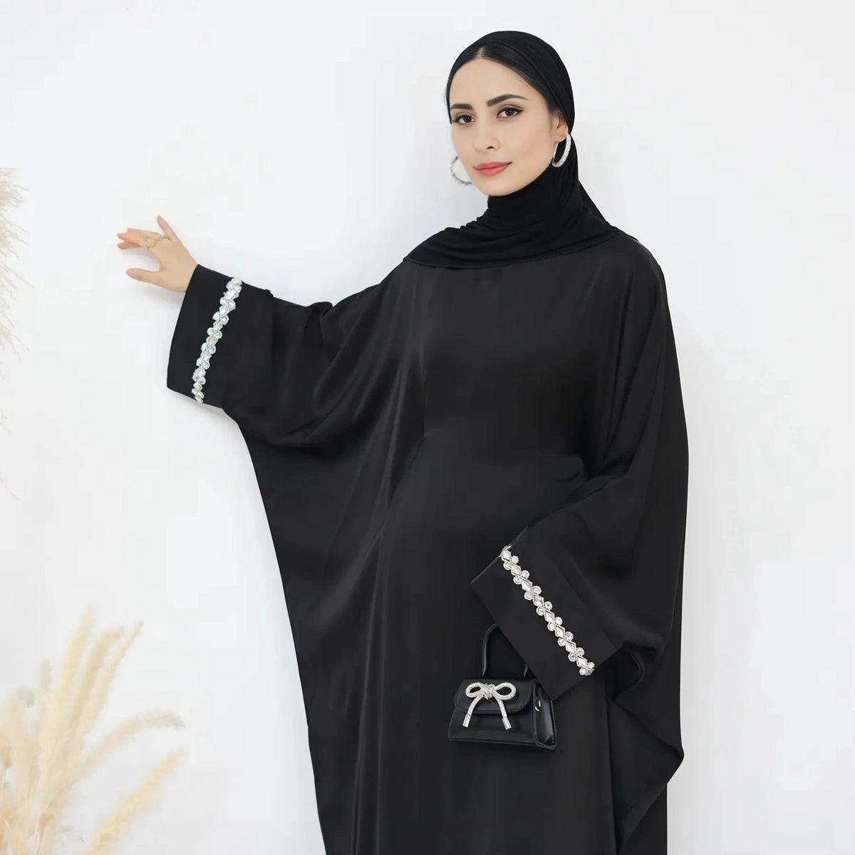 Hotfix Rhinestone Satin Abaya Dress #25814 - Elegant Islamic Evening Gown for Women, Perfect for Weddings, Parties & Special Occasions