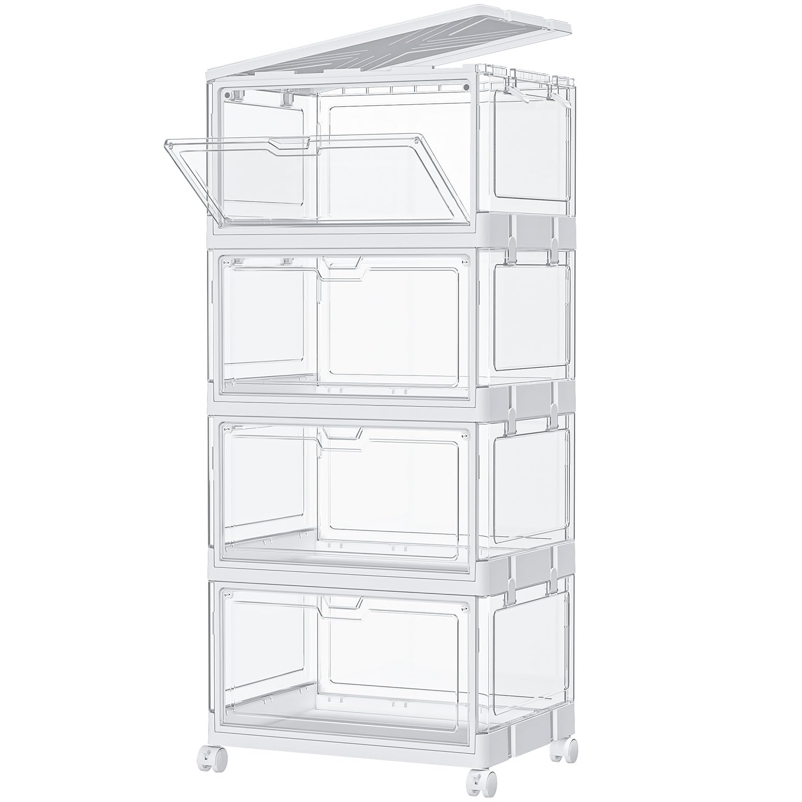 Clear Stackable Plastic Storage Bins with Lids & Wheels - 24 QT Organizer Box for Craft Supplies, Closet, Bedroom & Living Room - 4-Tier Space-Saving Solution for Home Organization