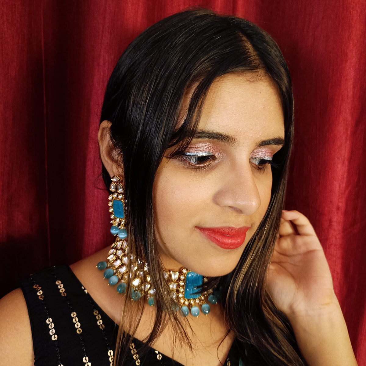 Elegant Gold Plated Royal Kundan & Blue Beads Choker Necklace Set with Matching Earrings (D381) - Perfect for Weddings, Parties & Special Occasions