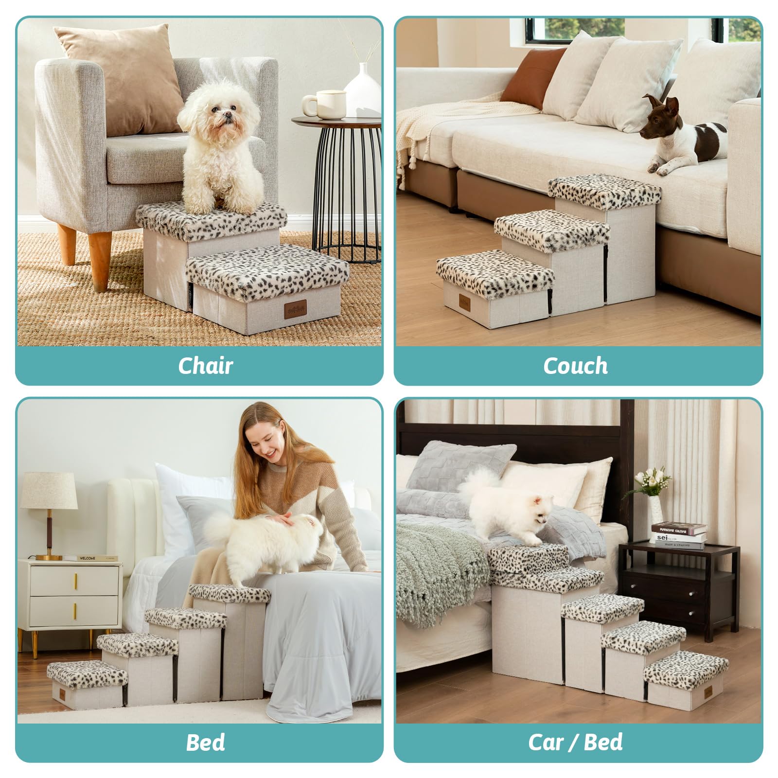 Foldable Dog Stairs for Small & Medium Dogs - 2-Tier Pet Steps with Storage & Soft Leopard Cover for Bed or Couch - 19.7x13x9.6 Inch - Perfect for Puppies, Senior Dogs & Older Cats | Ideal for Bedroom, Living Room & Pet-Friendly Homes