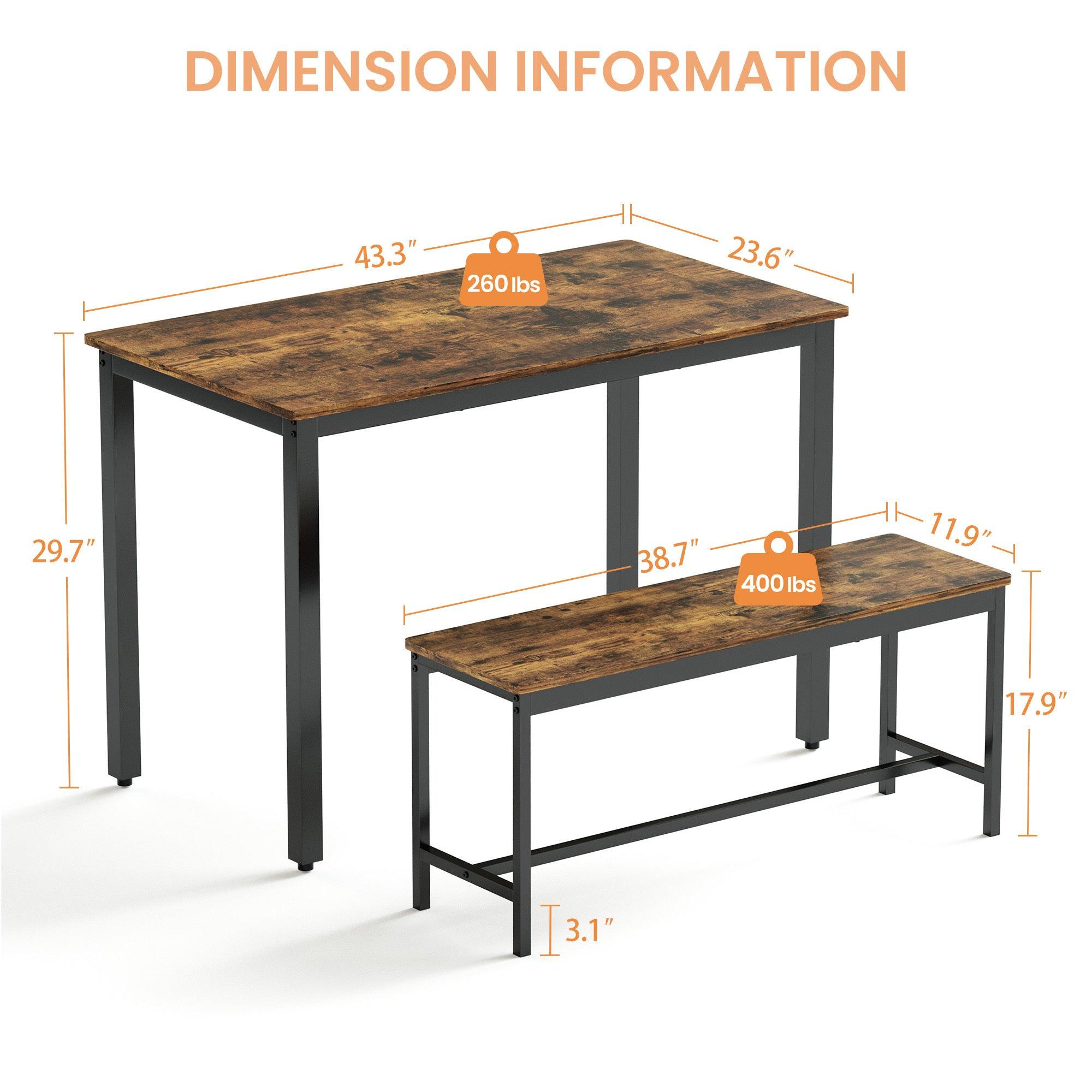 Industrial Dining Table Set with 2 Benches - 43.3