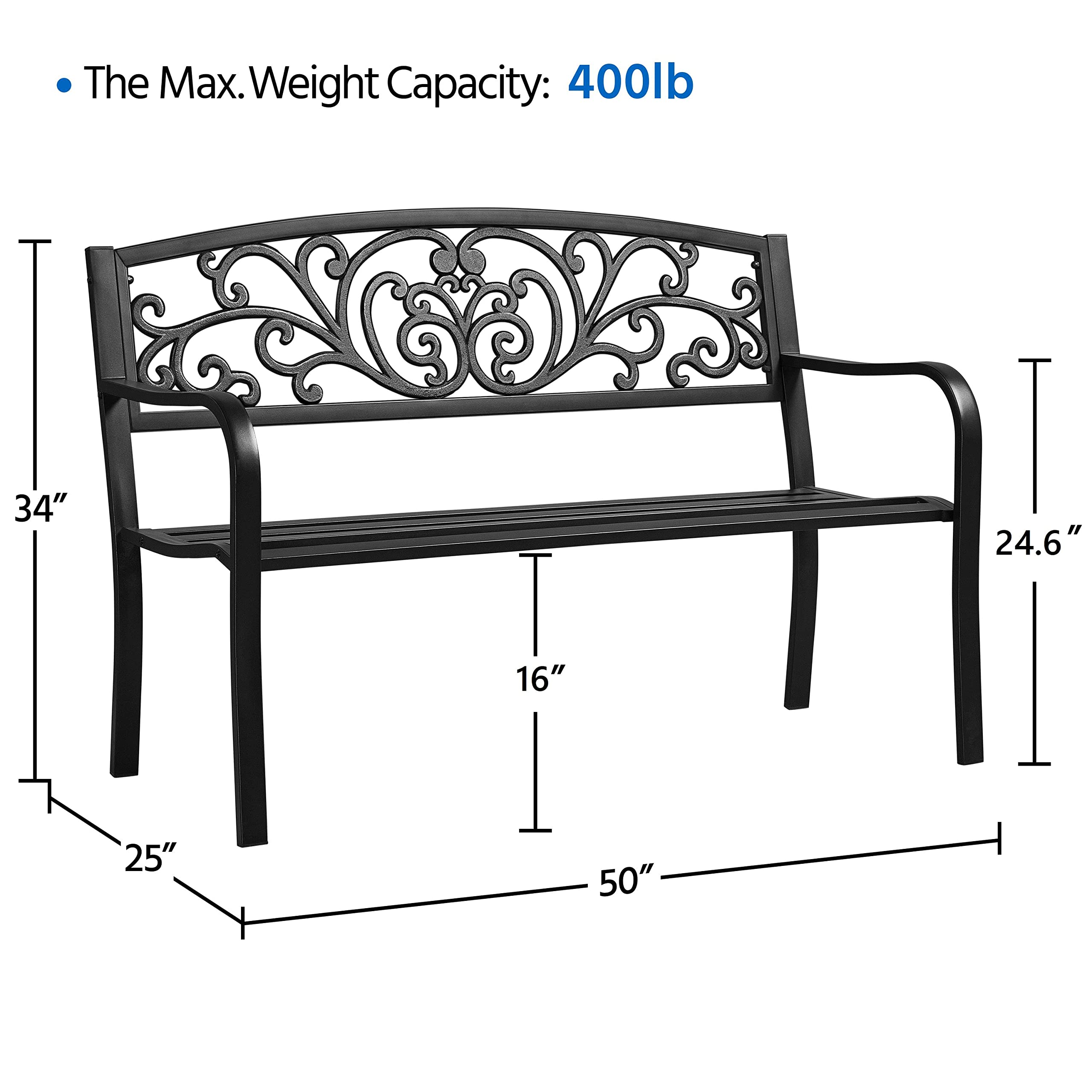 Yaheetech Black Metal Garden Bench - Outdoor Patio Bench for Yard, Park, Entryway - Durable Iron Frame Furniture for Porch, Deck & Backyard Relaxation