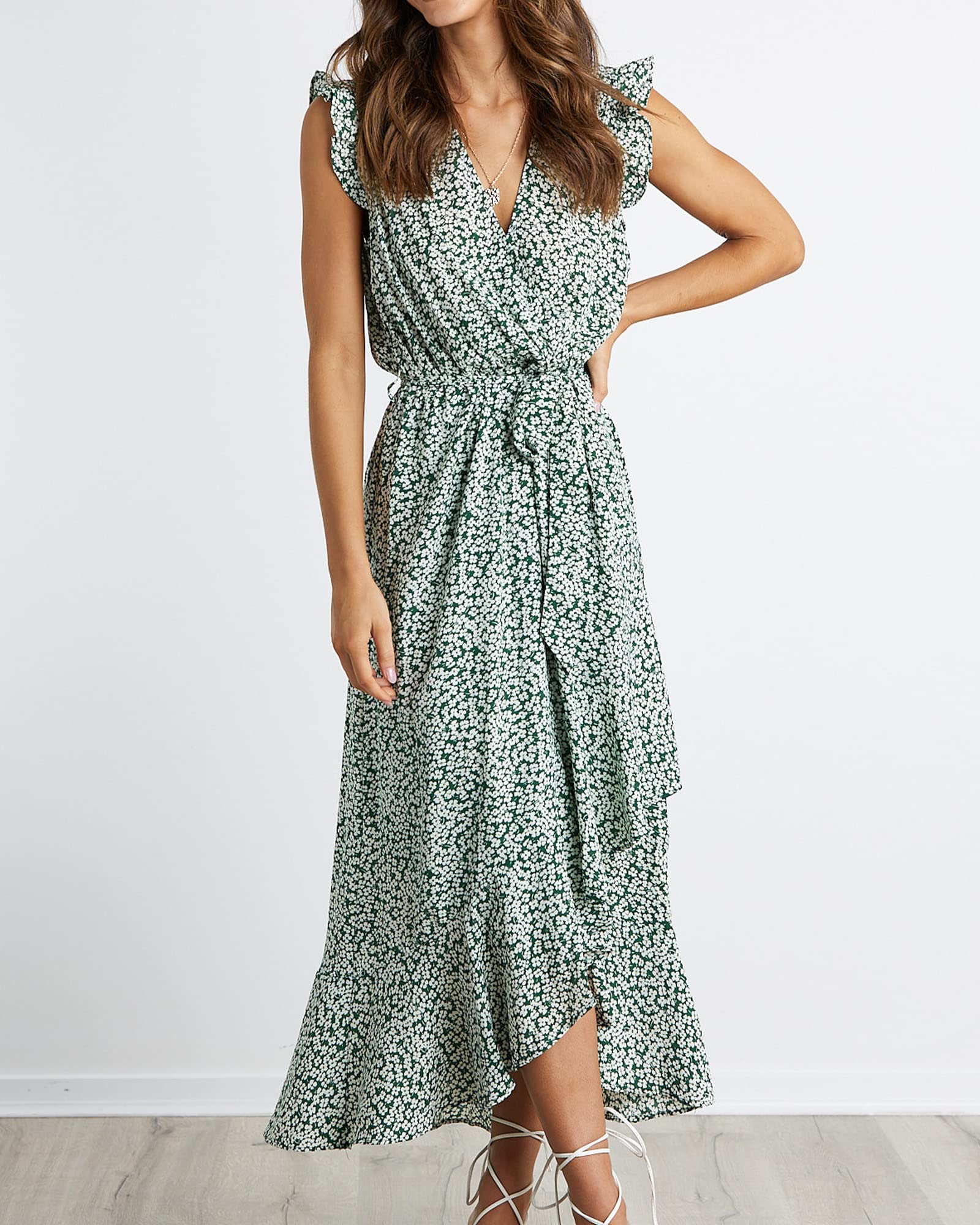 BTFBM Women's Floral Maxi Dress with Ruffle Sleeves & V-Neck - Summer Beach Wedding Guest Dress, Spring Vacation Outfit, Wrap Belt Design for Casual & Special Occasions