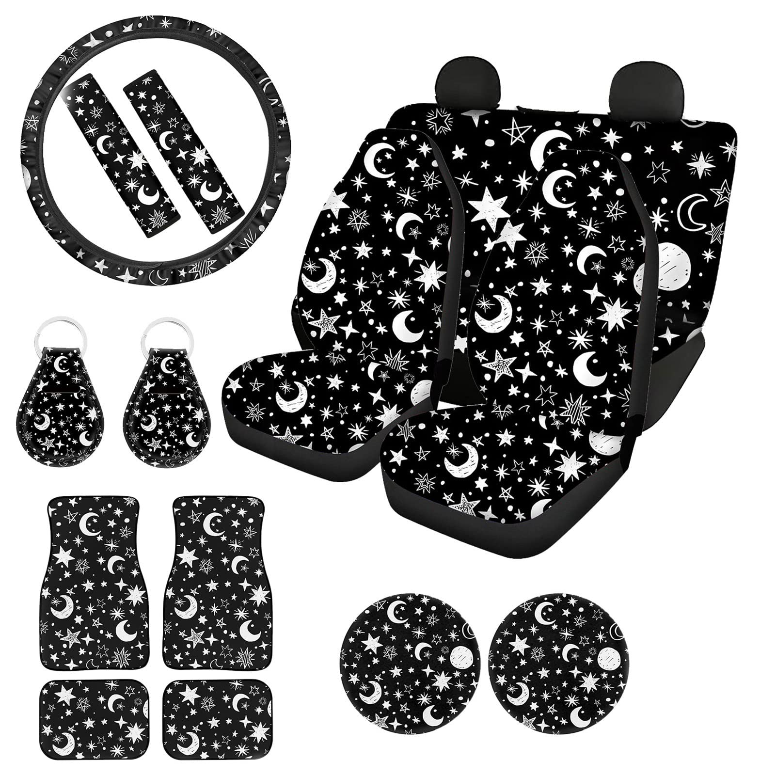 WELLFLYHOM Galaxy Star Car Accessories Set - Sun & Moon Design Universal Fit Seat Covers, Steering Wheel Cover, Floor Mats, Seat Belt Covers, Cup Coasters & Keychain - Perfect for Women's Cars, Daily Commute & Road Trips