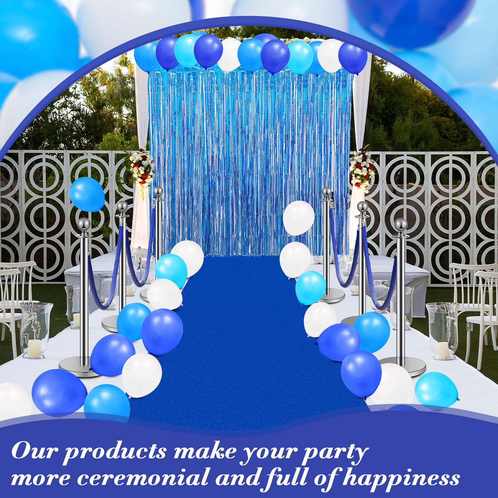 76 Pcs Blue Carpet Runner Party Set with Floor Runner, Double-Sided Tape, Stanchion Posts, Velvet Ropes & Balloons - Wedding, Red Carpet Event, Birthday Party Decorations