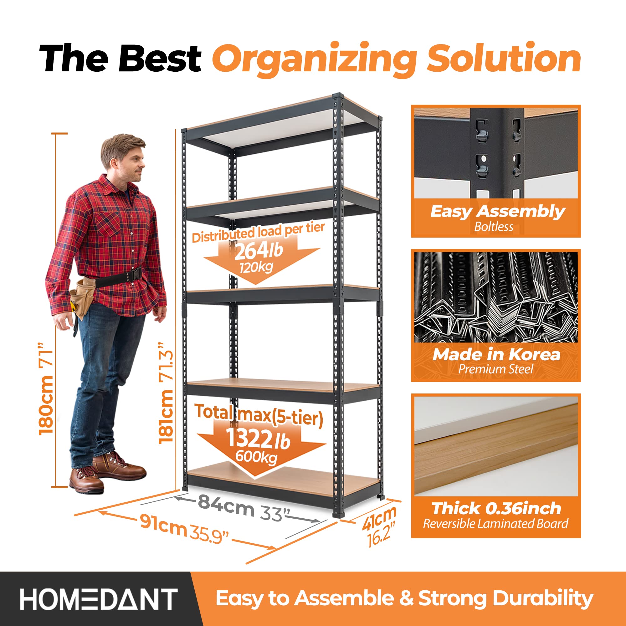 HOMEDANT 5-Tier Heavy Duty Metal Storage Shelves - Adjustable Boltless Utility Rack for Garage, Warehouse, Pantry & Closet - 35.9