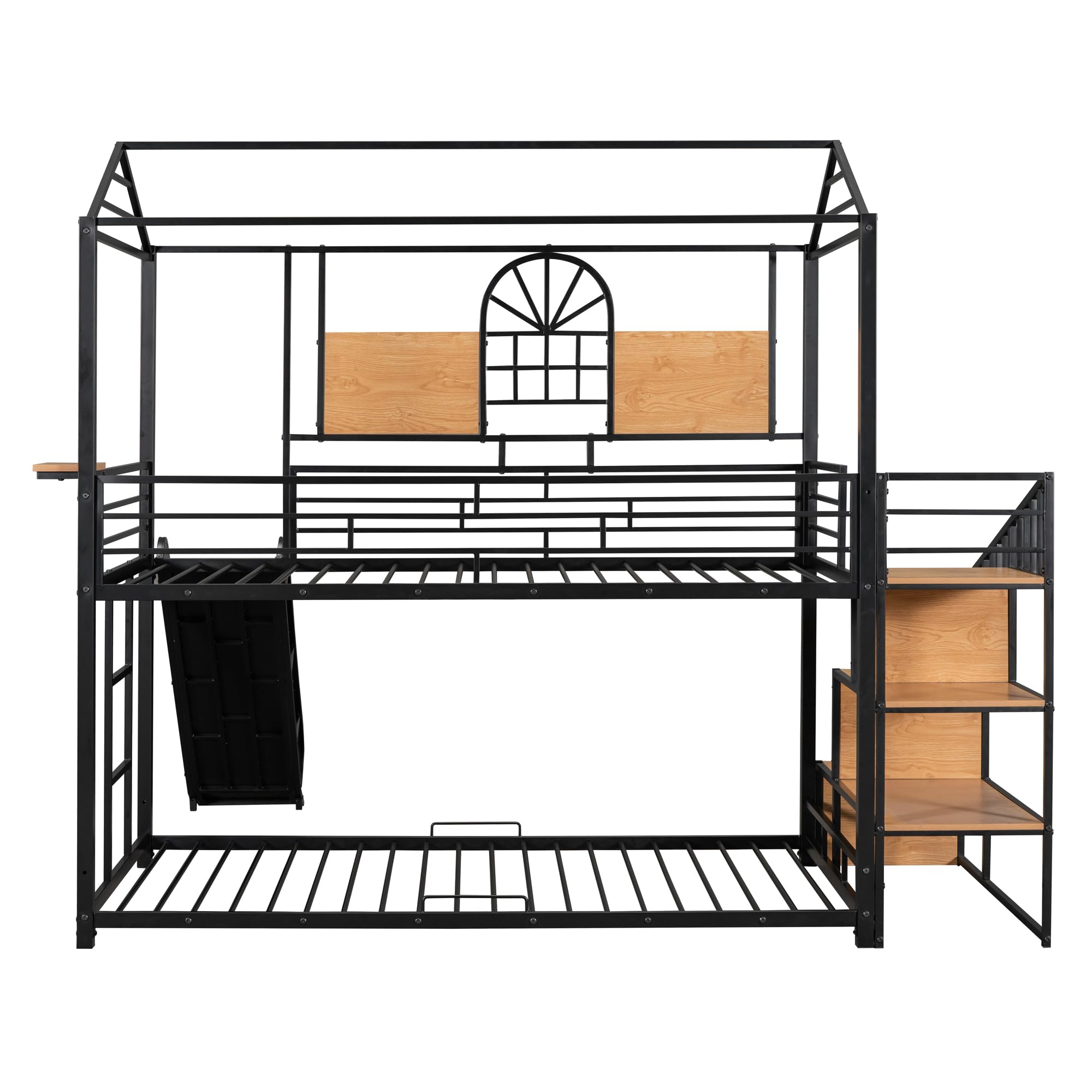 **Kids Metal Bunk Bed with Slide & Storage Stairs - Twin Over Twin House Bed with Full-Length Guardrails & Ladder - No Box Spring Needed (Black) - Perfect for Kids' Bedrooms, Playrooms & Sleepovers**