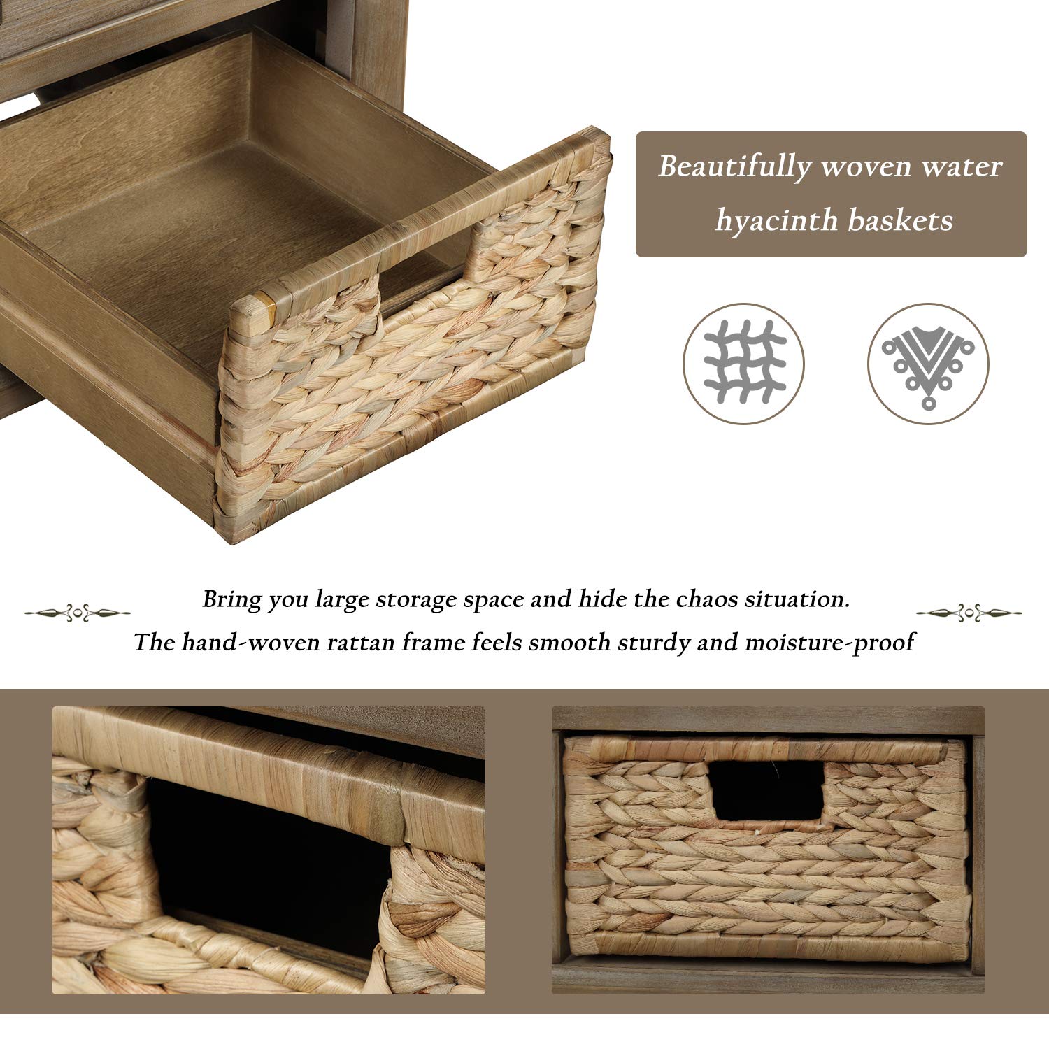 Rustic Entryway Storage Bench with Drawers & Baskets - Shoe Organizer for Living Room & Hallway